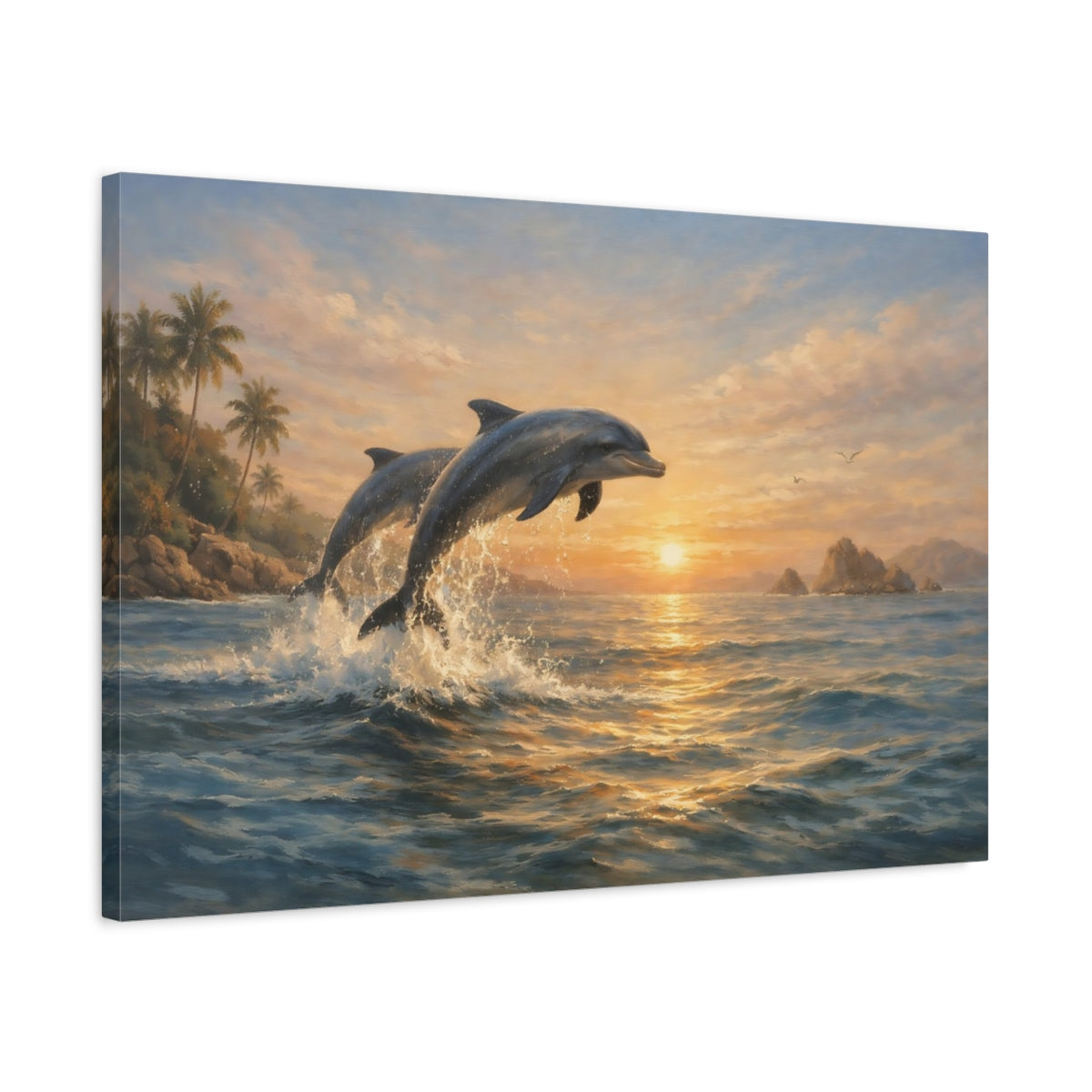 Side Mockup 2. Nature Dolphins Dolphins Ocean Sunset shown as stretched canvas wall art