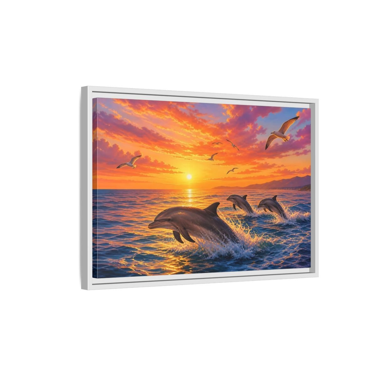 Nature Dolphins Orange And Blue Framed Canvas Print – Living Room, Above Console Table - YesArtYes