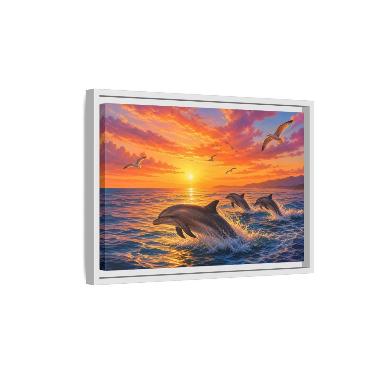 Nature Dolphins Orange And Blue Framed Canvas Print – Living Room, Above Console Table - YesArtYes