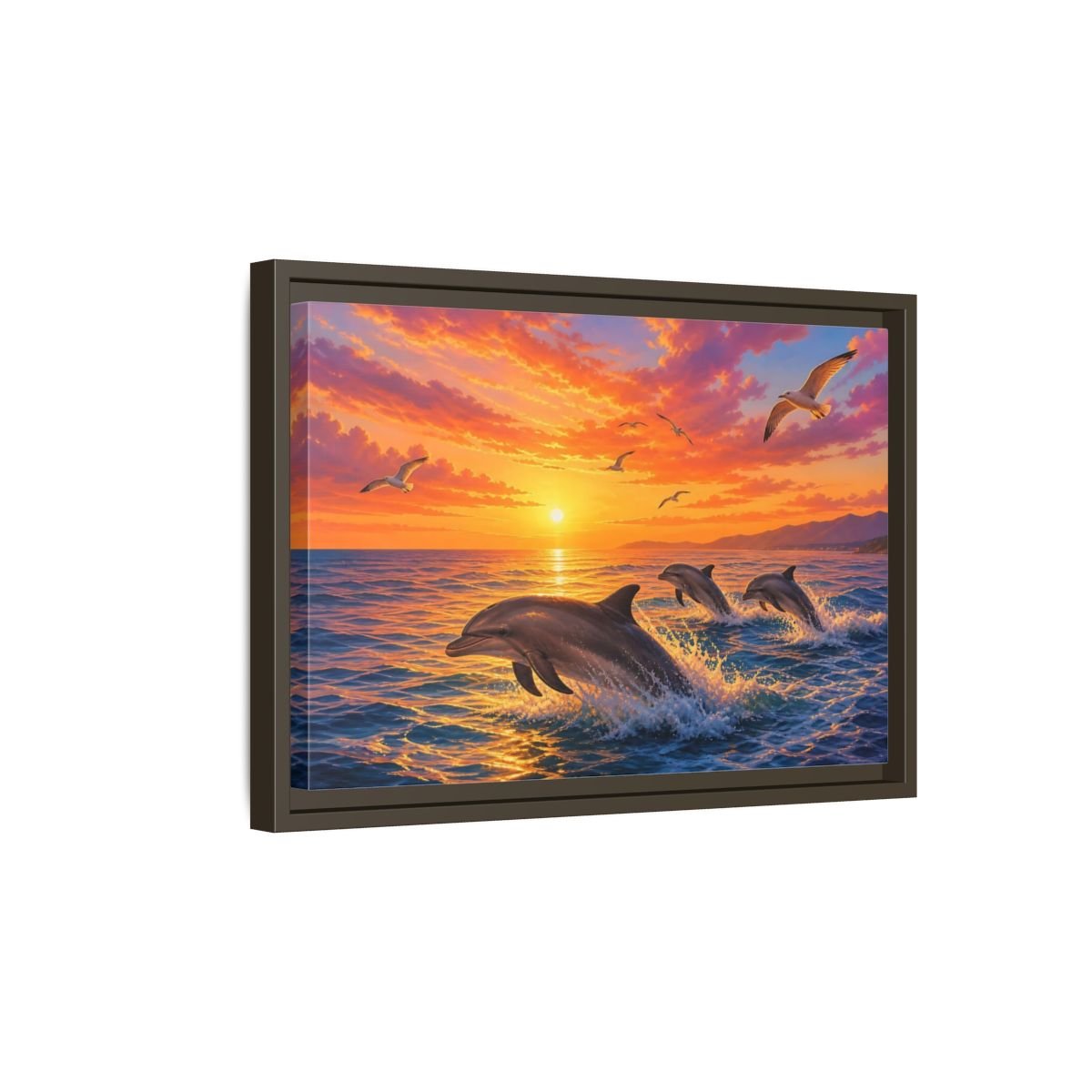 Nature Dolphins Orange And Blue Framed Canvas Print – Living Room, Above Console Table - YesArtYes