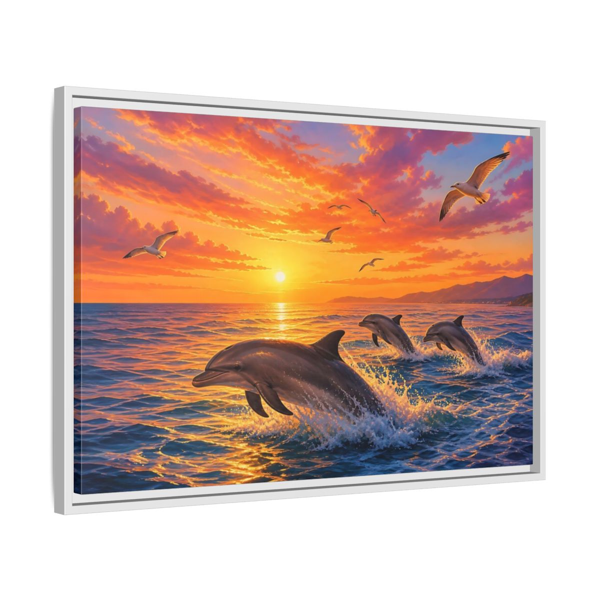 Nature Dolphins Orange And Blue Framed Canvas Print – Living Room, Above Console Table - YesArtYes