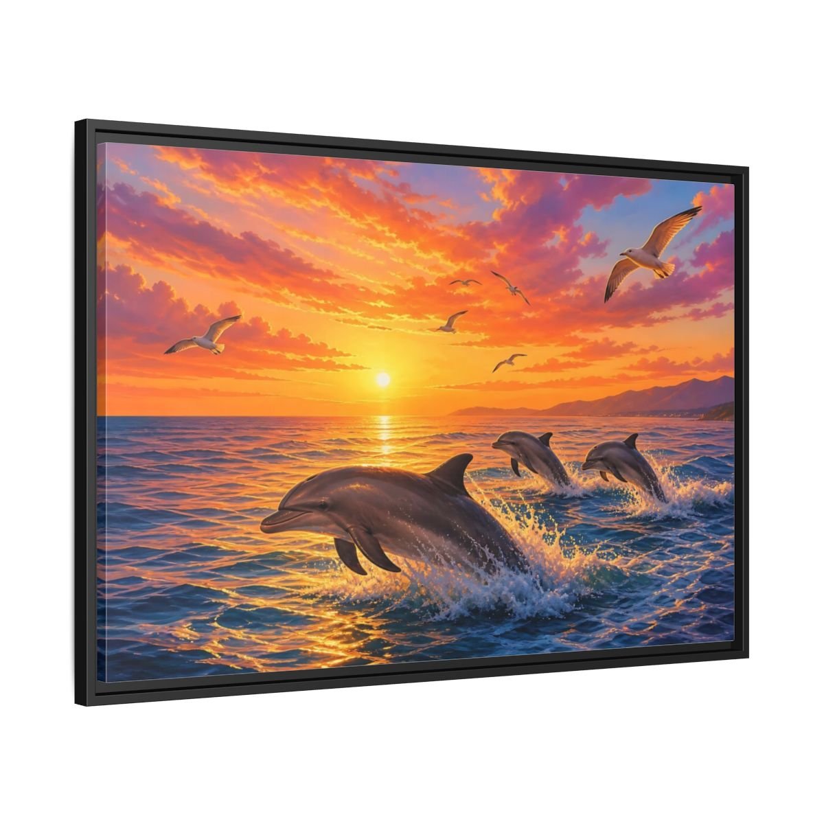 Nature Dolphins Orange And Blue Framed Canvas Print – Living Room, Above Console Table - YesArtYes