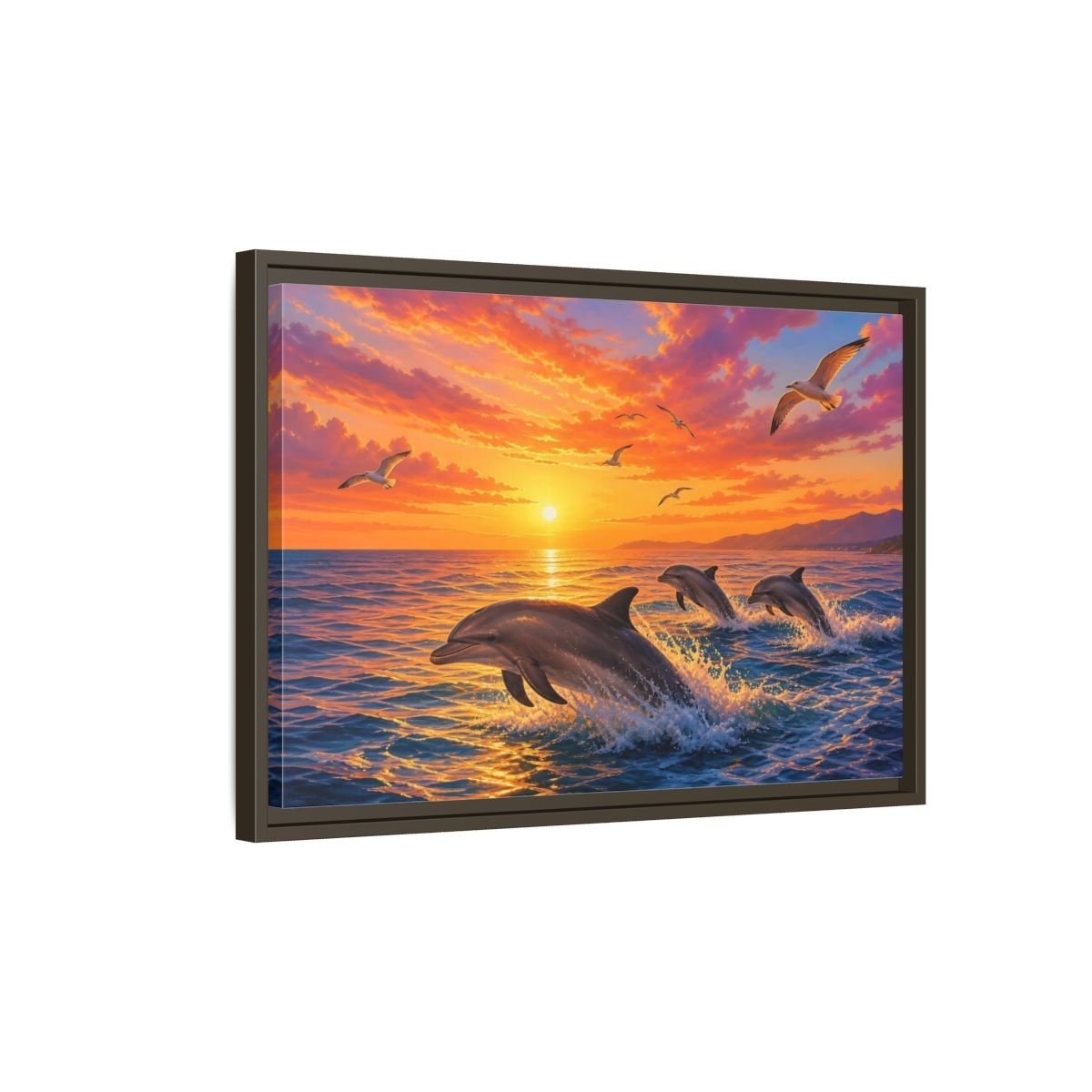 Nature Dolphins Orange And Blue Framed Canvas Print – Living Room, Above Console Table - YesArtYes