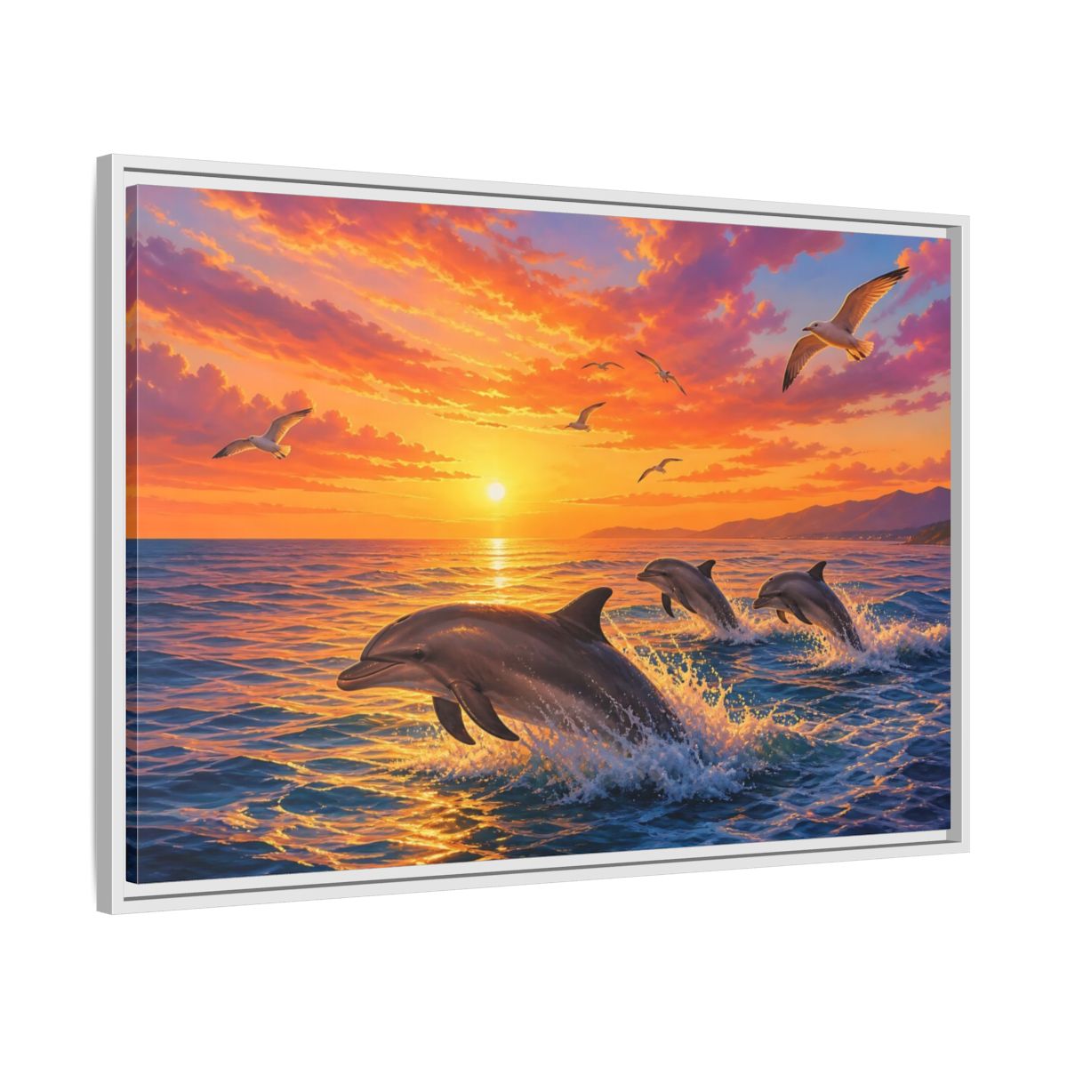 Nature Dolphins Orange And Blue Framed Canvas Print – Living Room, Above Console Table - YesArtYes