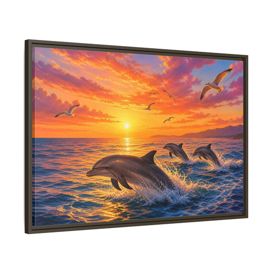 Nature Dolphins Orange And Blue Framed Canvas Print – Living Room, Above Console Table - YesArtYes