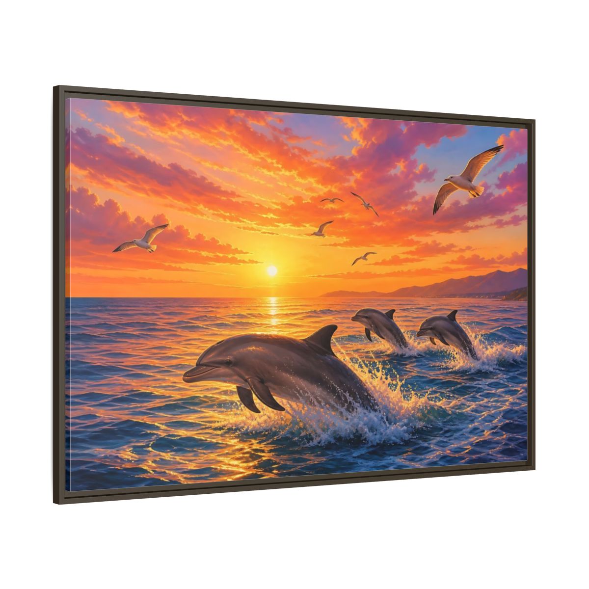 Nature Dolphins Orange And Blue Framed Canvas Print – Living Room, Above Console Table - YesArtYes