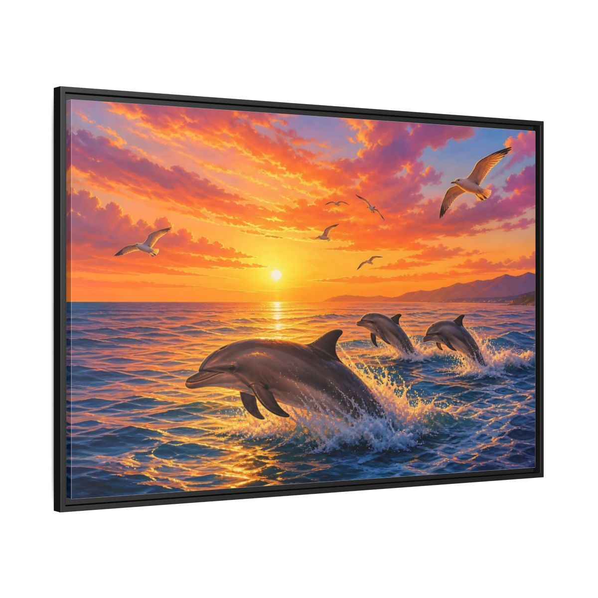 Nature Dolphins Orange And Blue Framed Canvas Print – Living Room, Above Console Table - YesArtYes