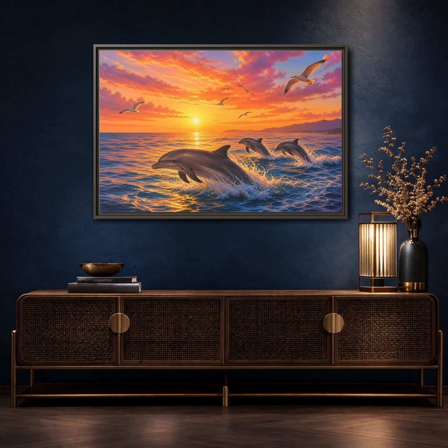 Nature Dolphins Orange And Blue Framed Canvas Print – Living Room, Above Console Table - YesArtYes
