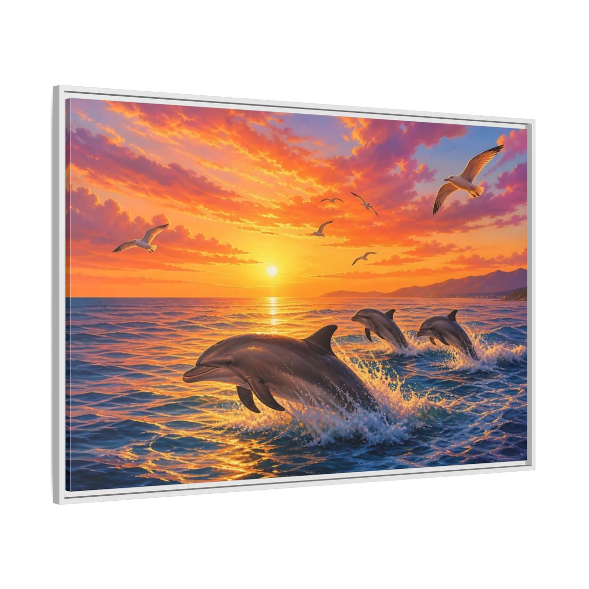 Nature Dolphins Orange And Blue Framed Canvas Print – Living Room, Above Console Table - YesArtYes