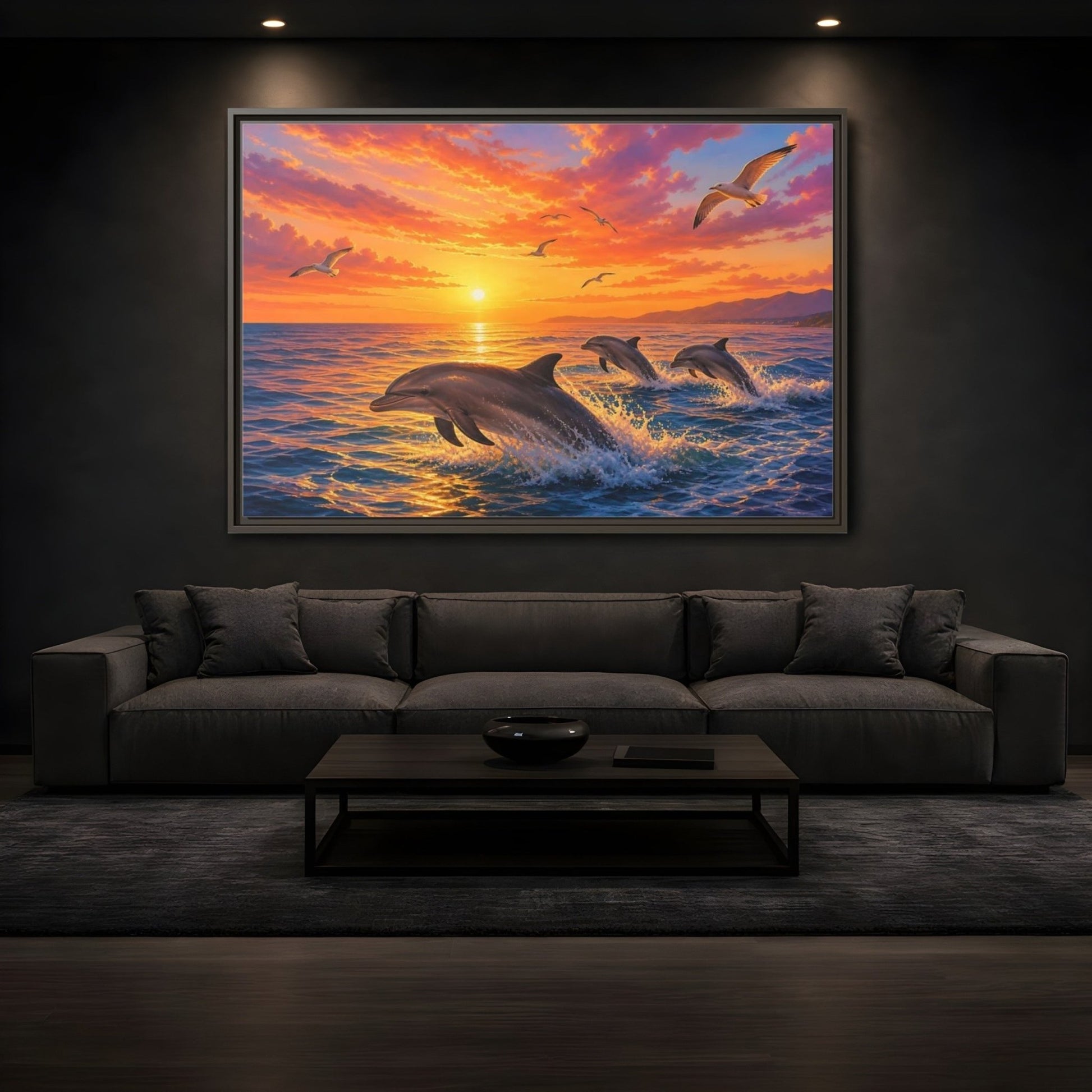 Nature Dolphins Orange And Blue Framed Canvas Print – Living Room, Above Console Table - YesArtYes