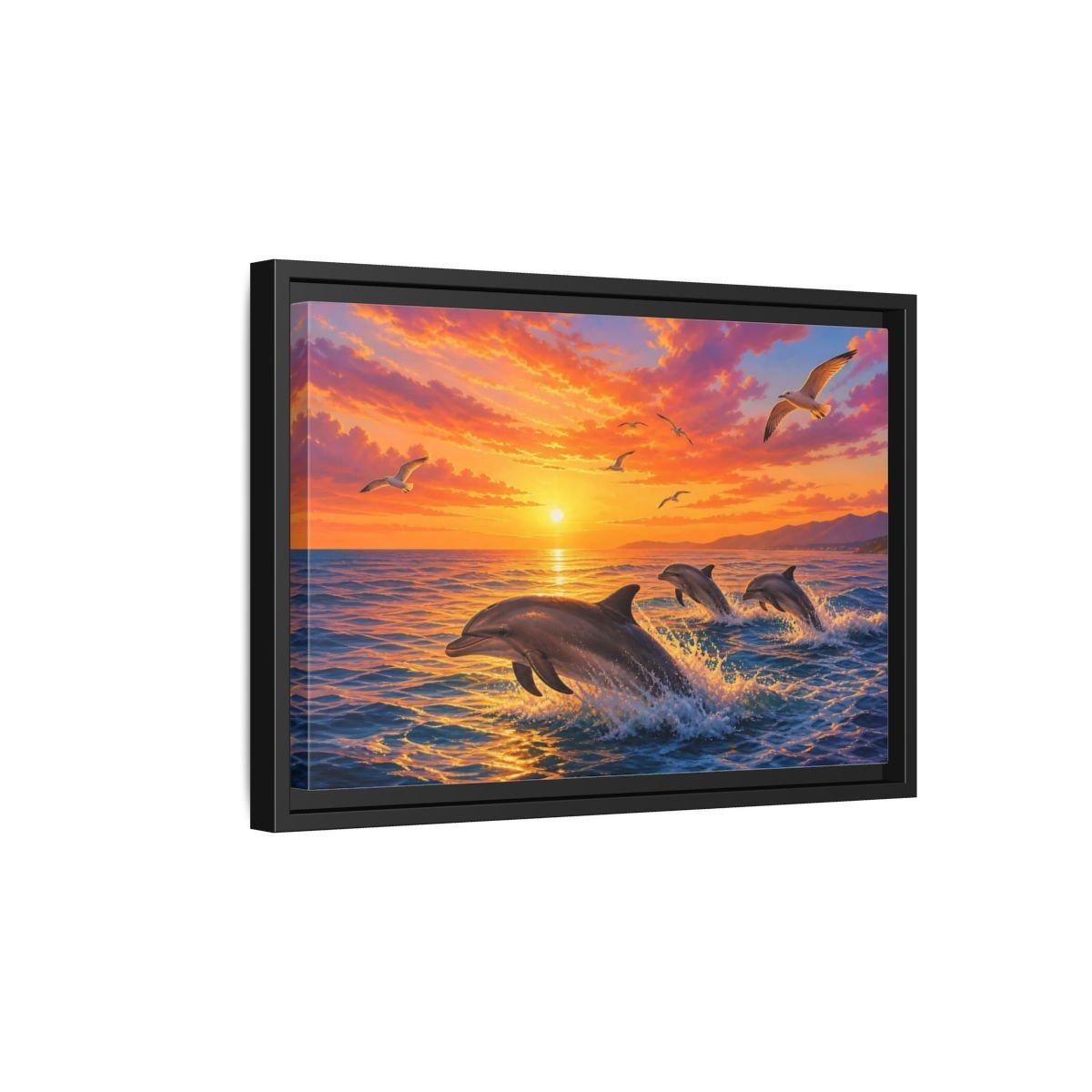 Nature Dolphins Orange And Blue Framed Canvas Print – Living Room, Above Console Table - YesArtYes
