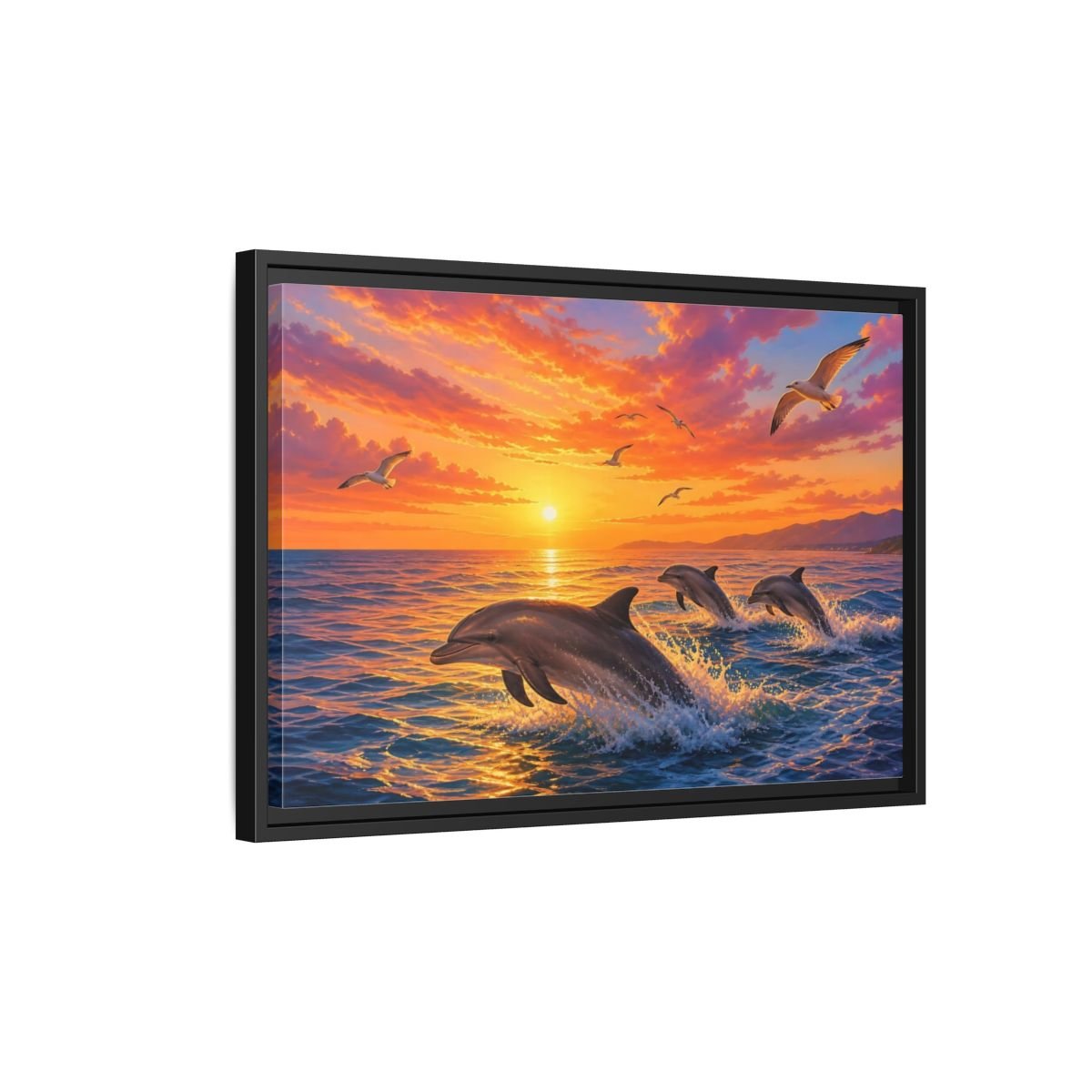 Nature Dolphins Orange And Blue Framed Canvas Print – Living Room, Above Console Table - YesArtYes