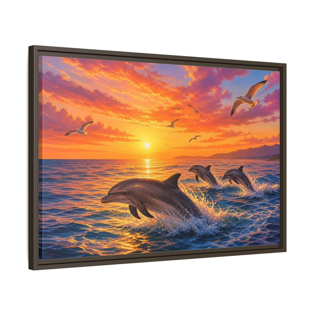 Nature Dolphins Orange And Blue Framed Canvas Print – Living Room, Above Console Table - YesArtYes