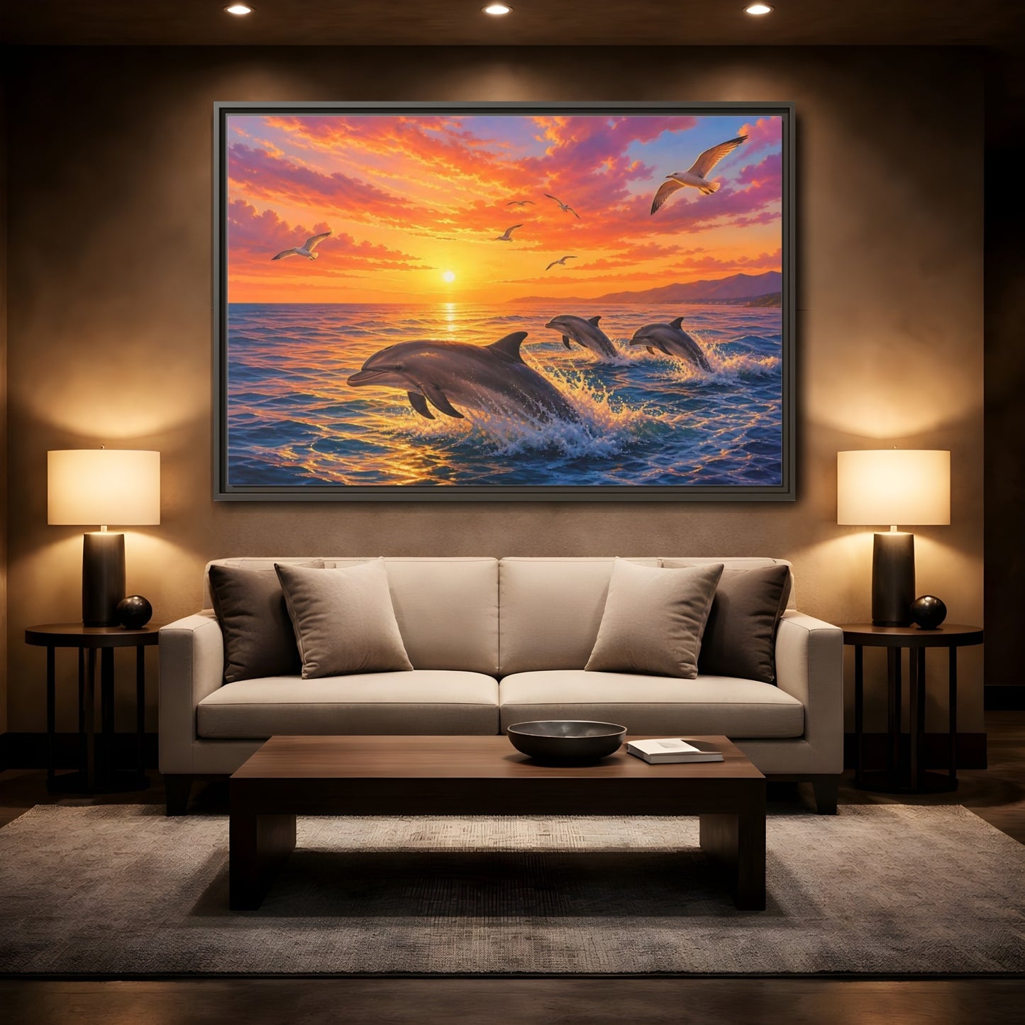 Mockup 2. Nature Dolphins Orange And Blue shown as stretched canvas wall art