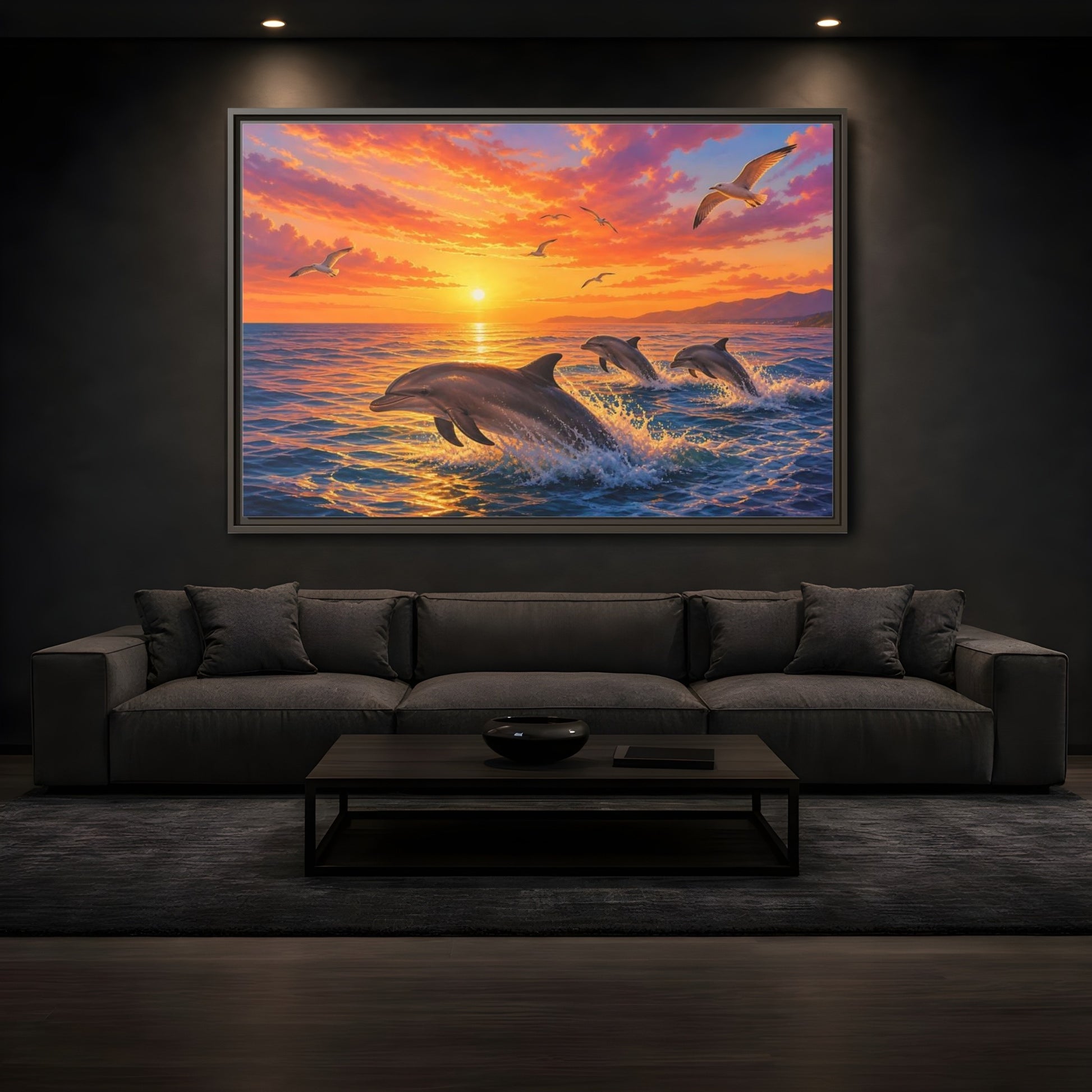 Mockup 3. Nature Dolphins Orange And Blue shown as stretched canvas wall art