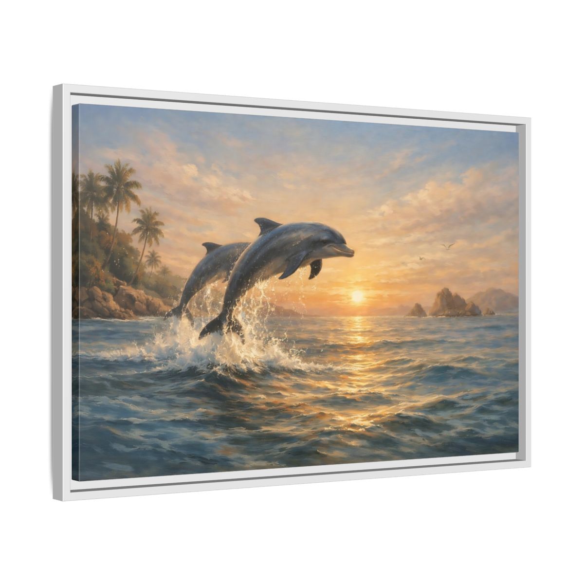 Side Mockup 10. Nature Dolphins Dolphin Sunset shown as stretched canvas wall art