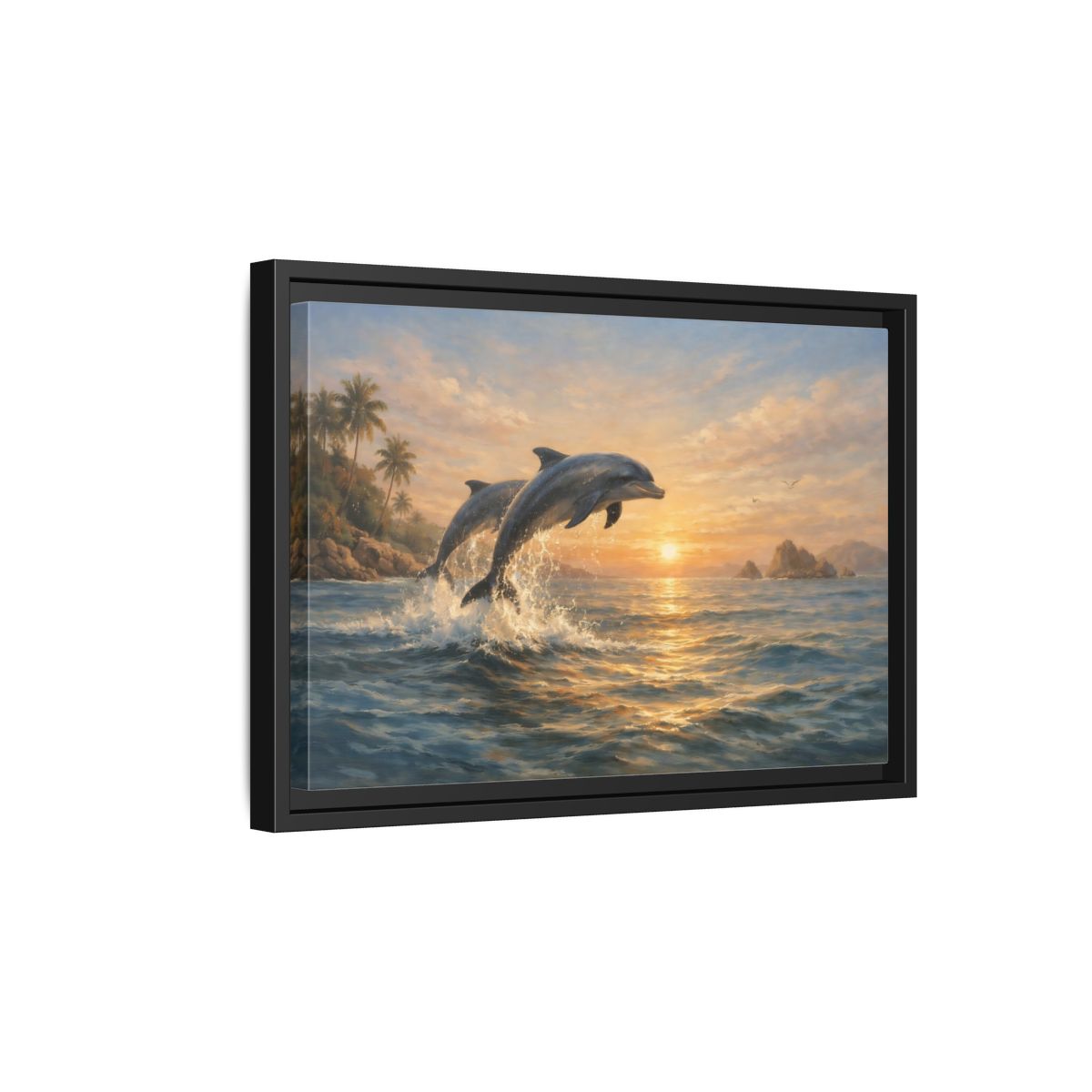 Side Mockup 6. Nature Dolphins Dolphin Sunset shown as stretched canvas wall art
