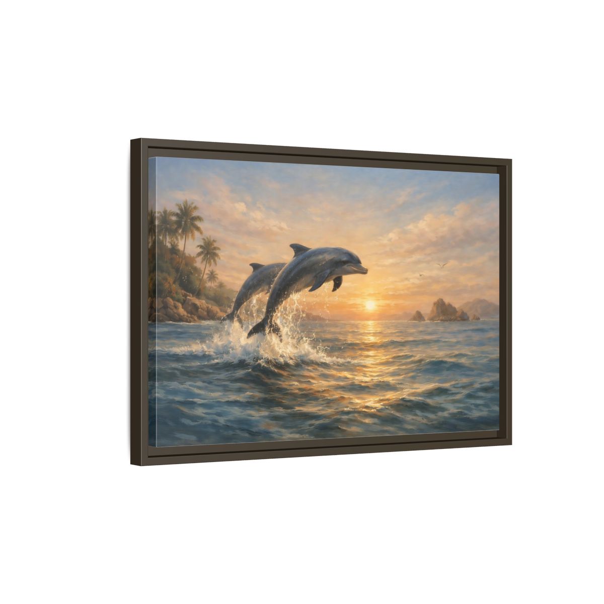 Side Mockup 2. Nature Dolphins Dolphin Sunset shown as stretched canvas wall art