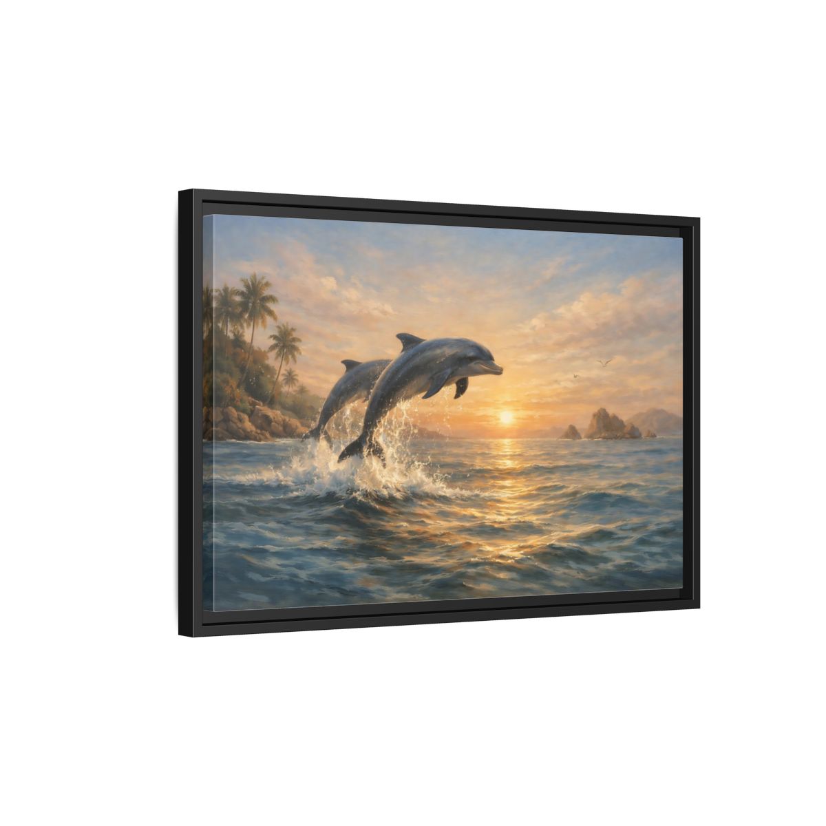 Side Mockup 3. Nature Dolphins Dolphin Sunset shown as stretched canvas wall art