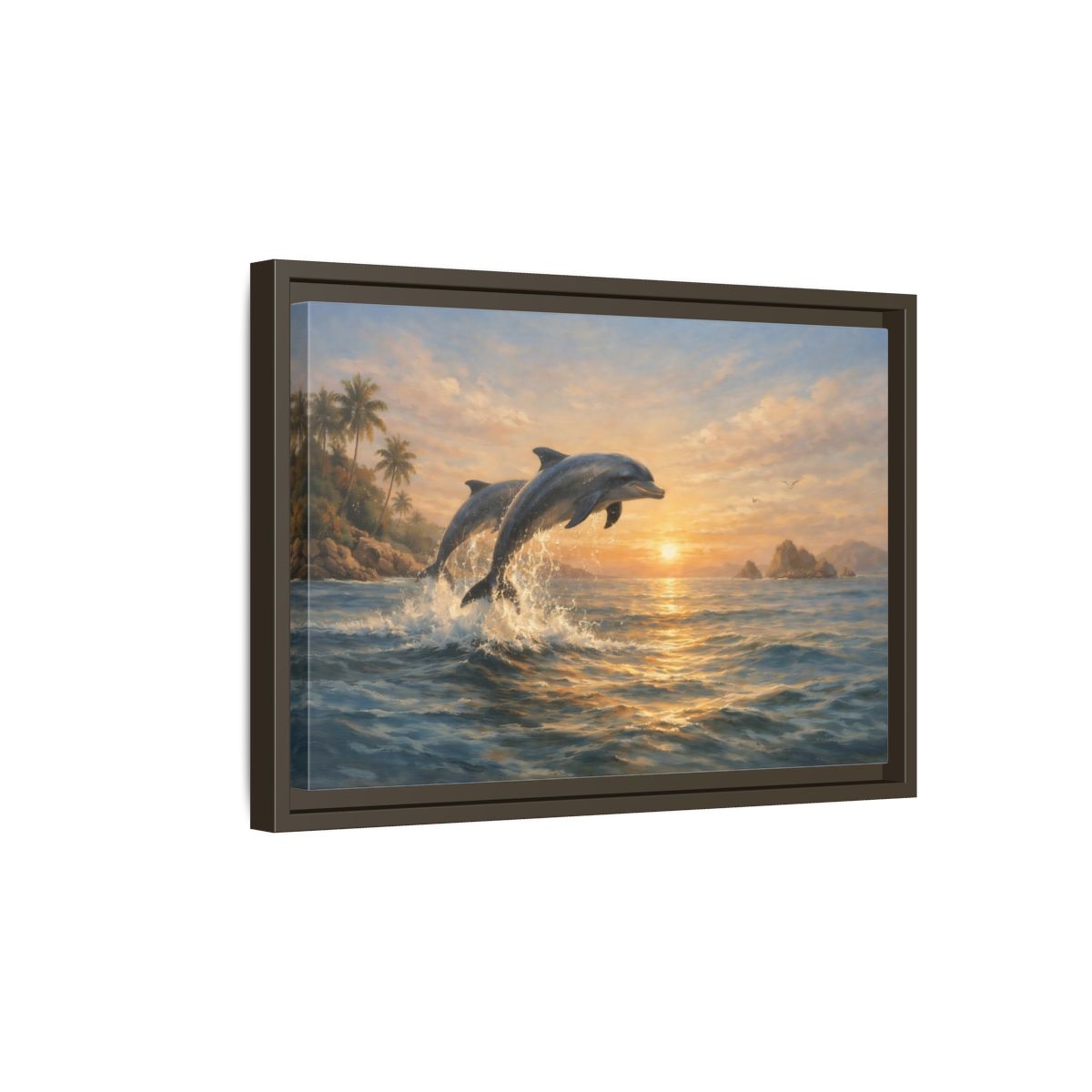 Side Mockup 5. Nature Dolphins Dolphin Sunset shown as stretched canvas wall art