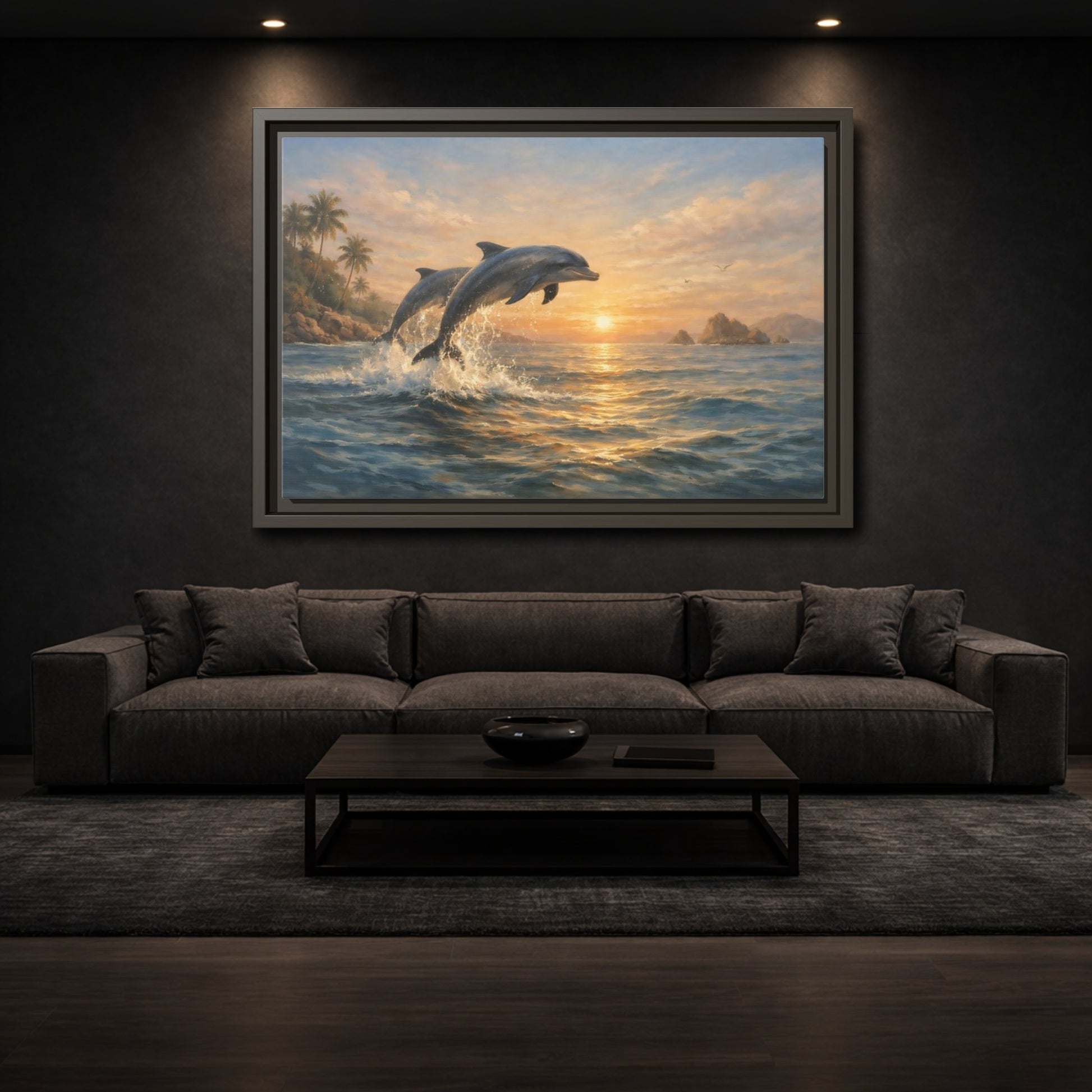 Mockup 2. Nature Dolphins Tropical Dolphin Sunset shown as stretched canvas wall art