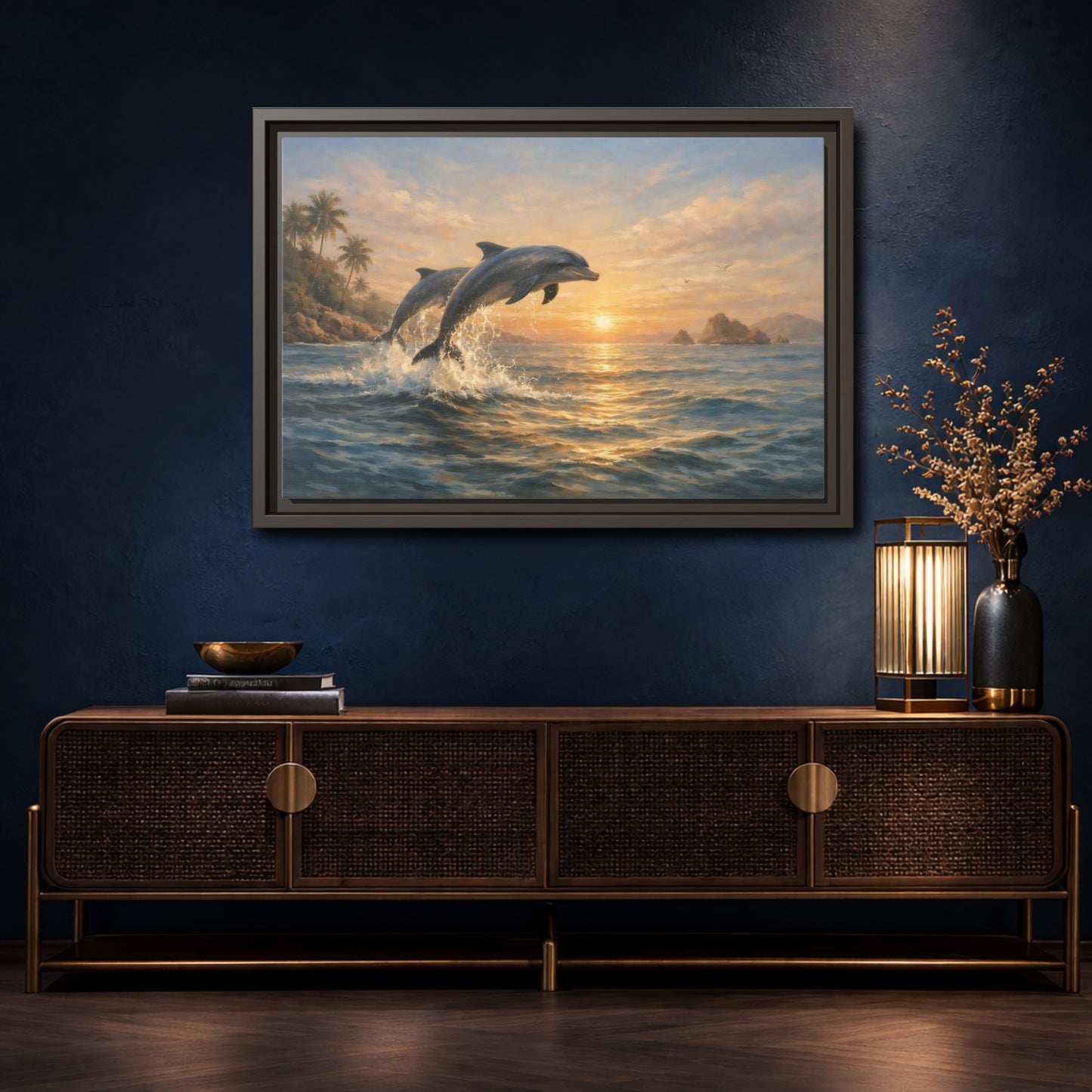 Mockup 4. Nature Dolphins Tropical Dolphin Sunset shown as stretched canvas wall art