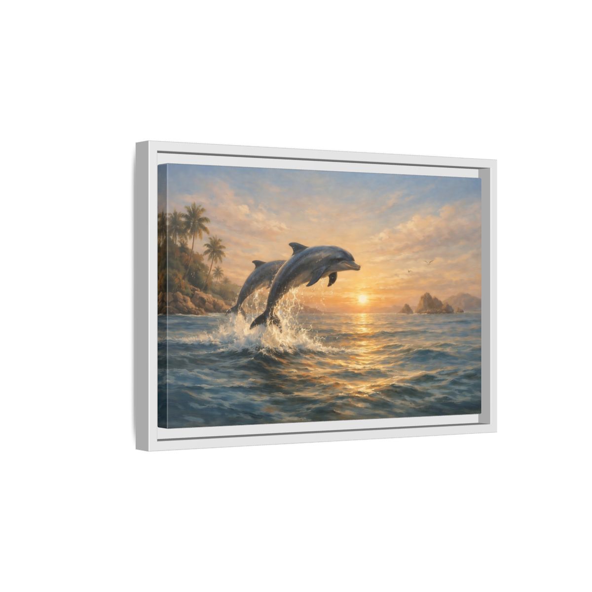 Side Mockup 4. Nature Dolphins Tropical Dolphin Sunset shown as stretched canvas wall art