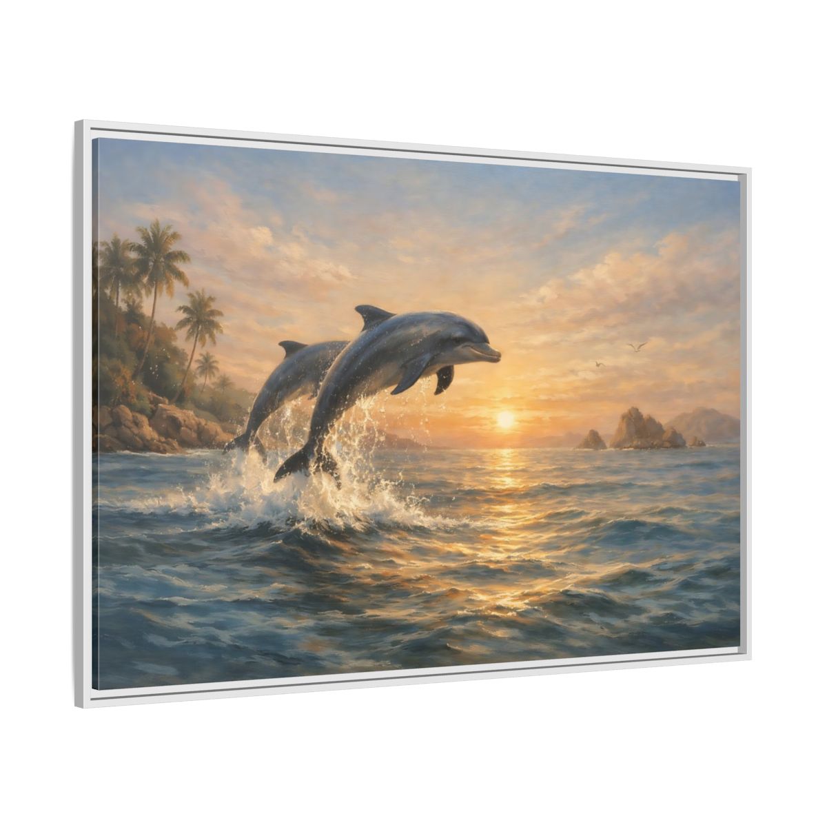 Side Mockup 7. Nature Dolphins Tropical Dolphin Sunset shown as stretched canvas wall art