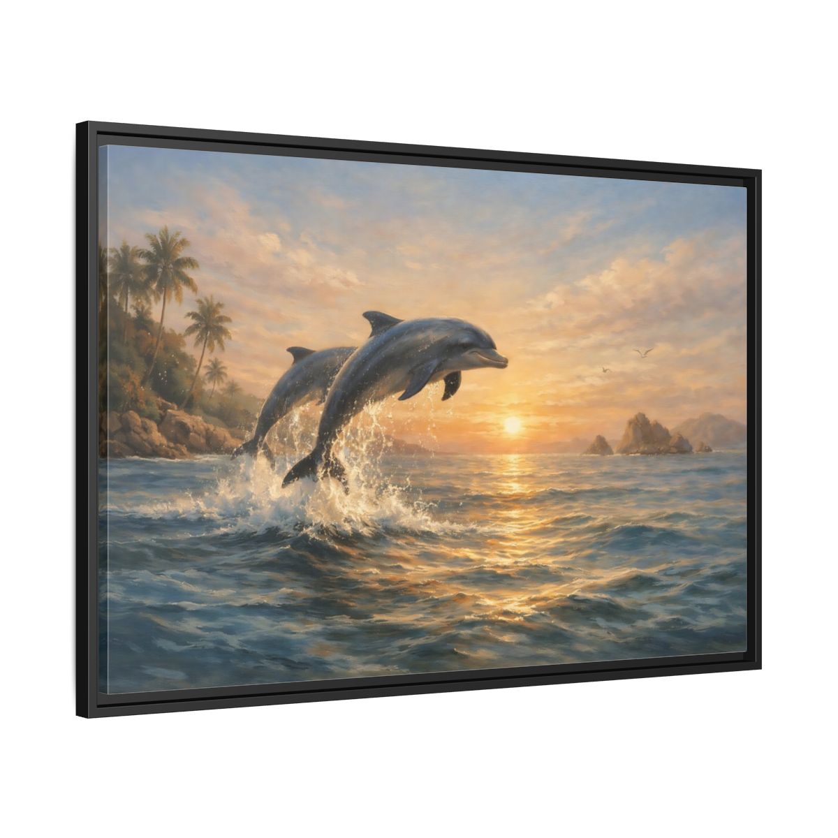 Side Mockup 13. Nature Dolphins Tropical Dolphin Sunset shown as stretched canvas wall art
