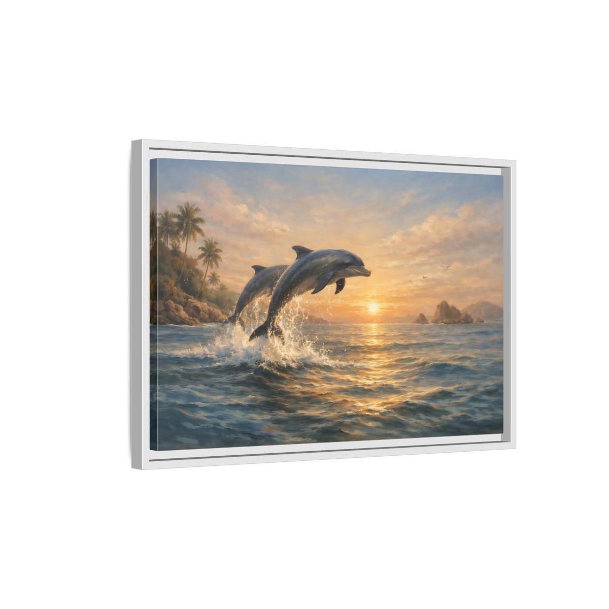 Side Mockup 1. Nature Dolphins Tropical Dolphin Sunset shown as stretched canvas wall art