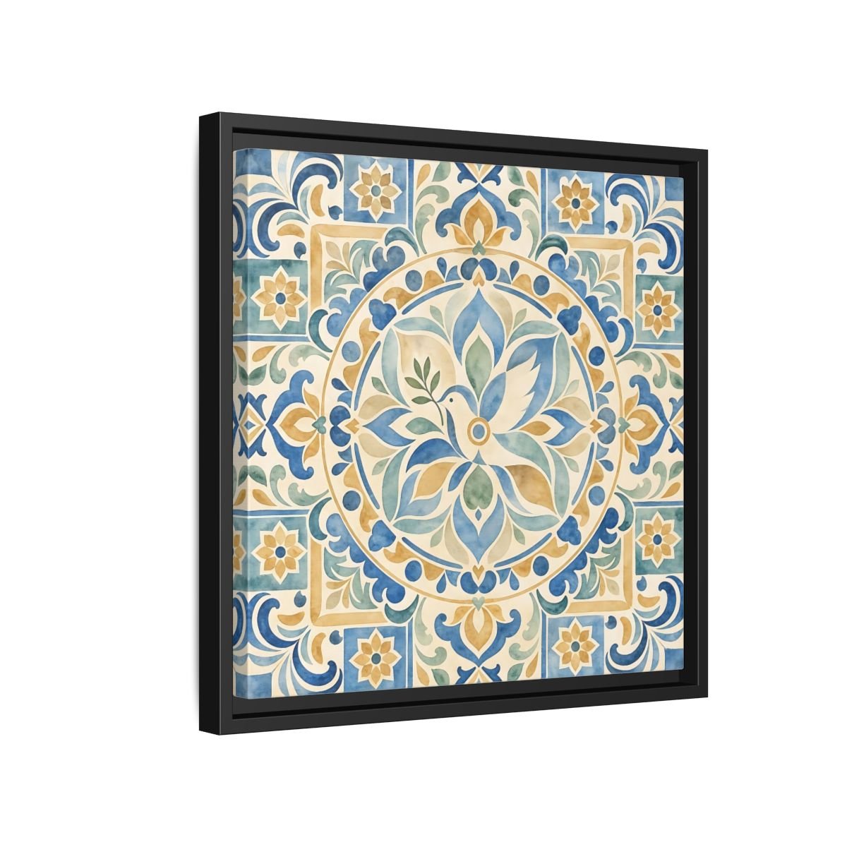 Nature Dove Blue And Gold Framed Canvas Print Wall Art – Mediterranean Living Room, Above Sofa - YesArtYes