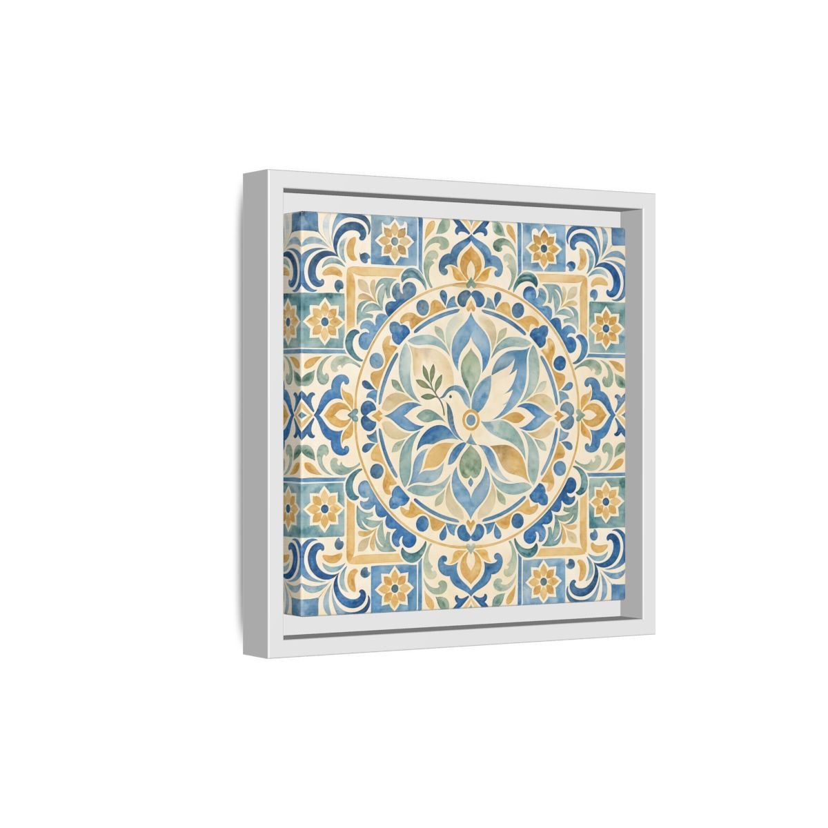 Nature Dove Blue And Gold Framed Canvas Print Wall Art – Mediterranean Living Room, Above Sofa - YesArtYes