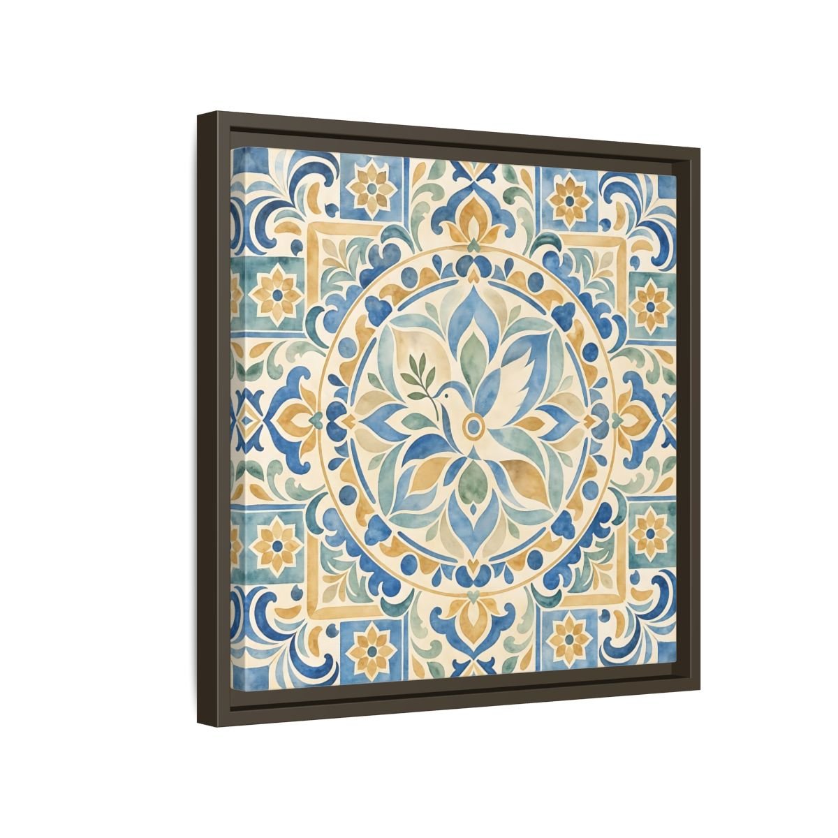 Nature Dove Blue And Gold Framed Canvas Print Wall Art – Mediterranean Living Room, Above Sofa - YesArtYes