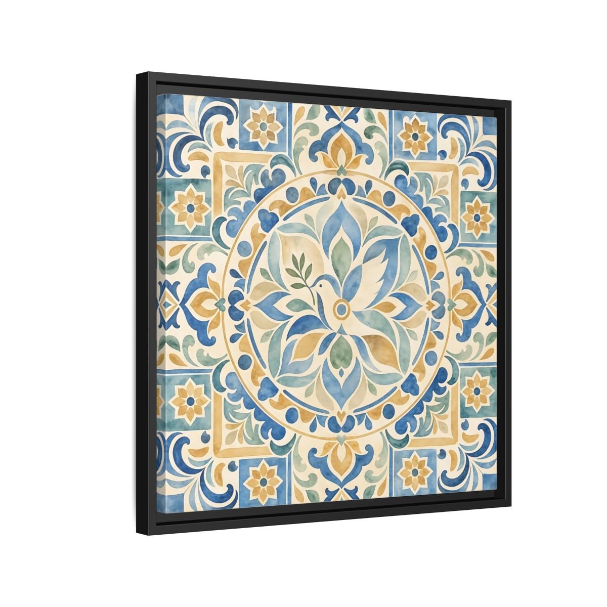Nature Dove Blue And Gold Framed Canvas Print Wall Art – Mediterranean Living Room, Above Sofa - YesArtYes