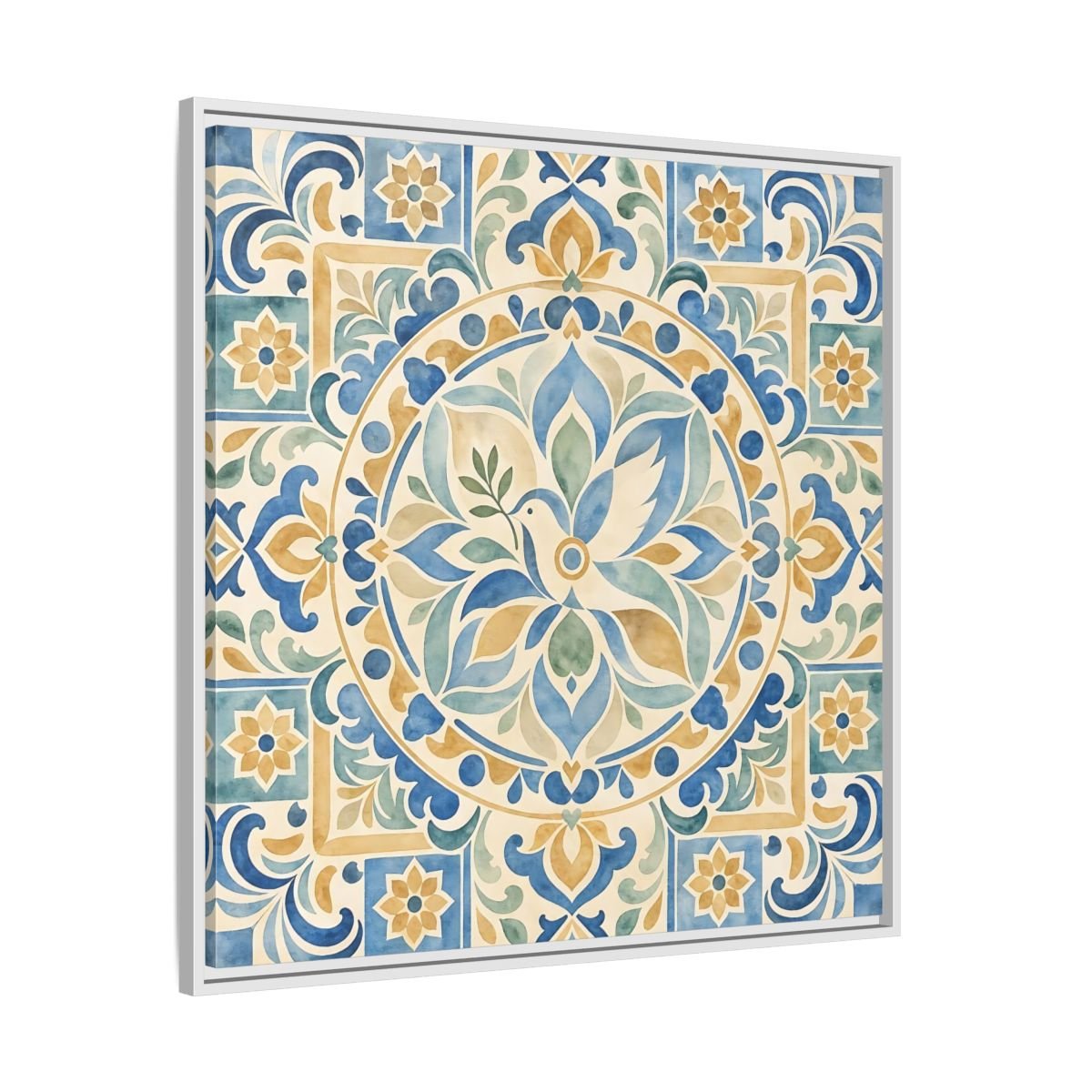 Nature Dove Blue And Gold Framed Canvas Print Wall Art – Mediterranean Living Room, Above Sofa - YesArtYes