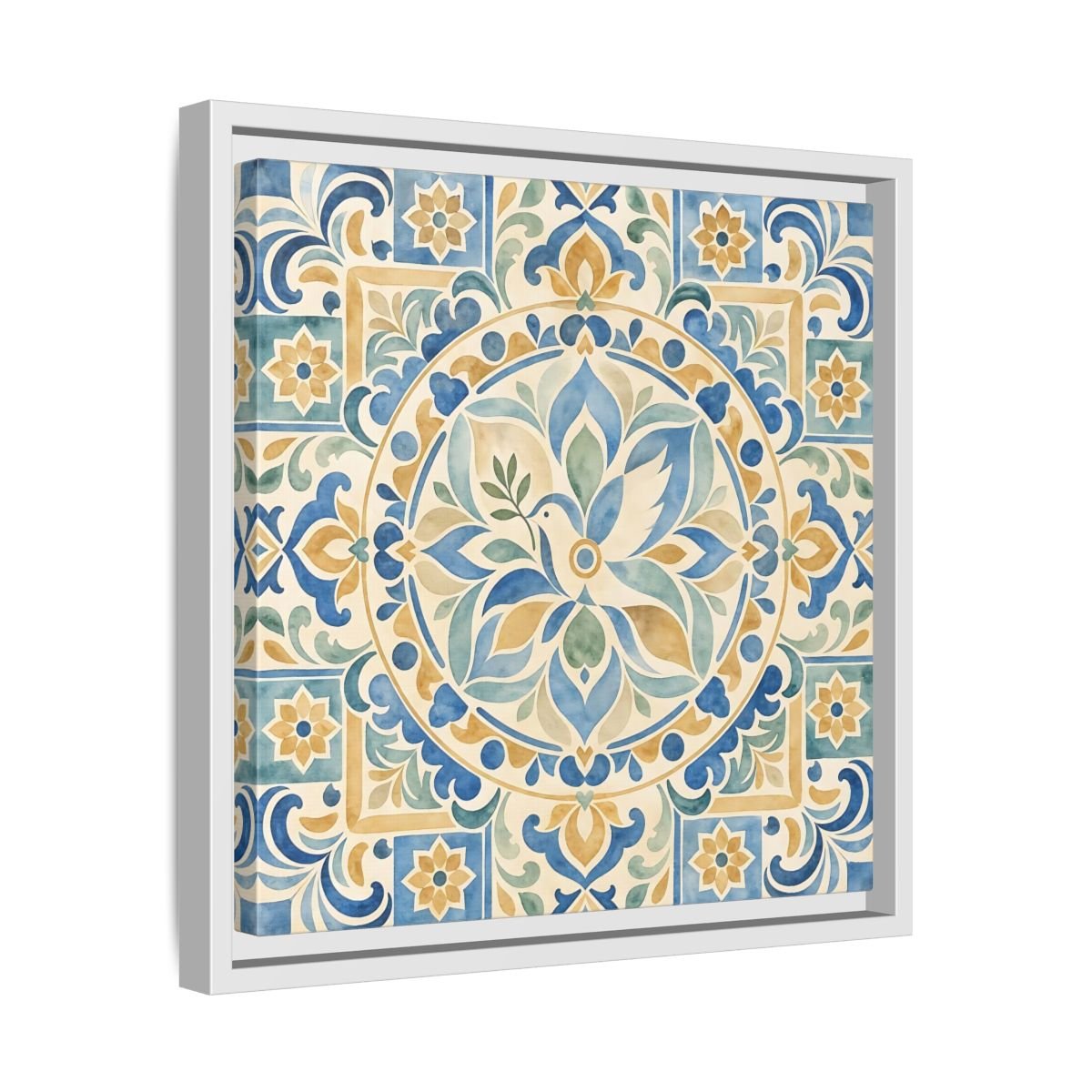 Nature Dove Blue And Gold Framed Canvas Print Wall Art – Mediterranean Living Room, Above Sofa - YesArtYes