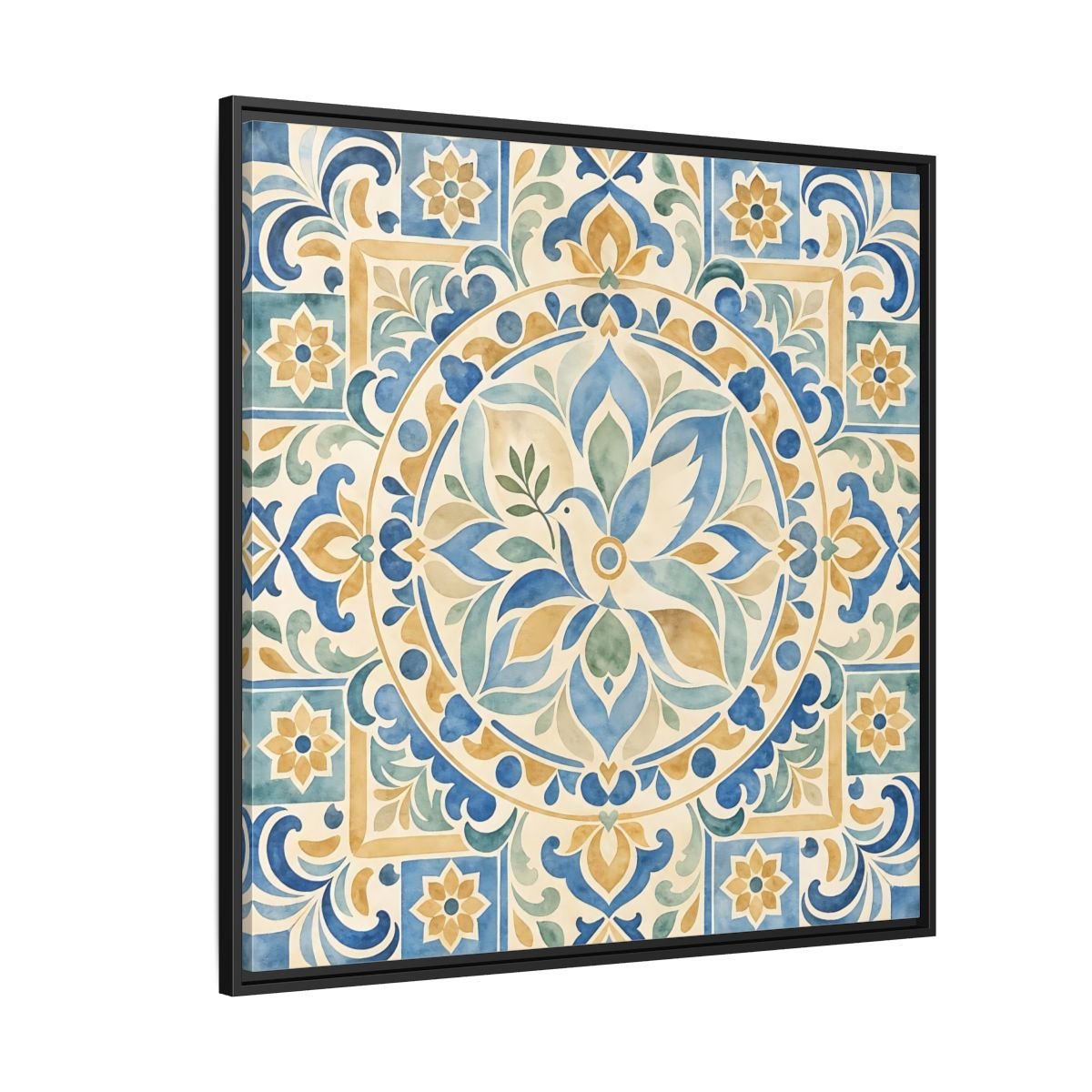 Nature Dove Blue And Gold Framed Canvas Print Wall Art – Mediterranean Living Room, Above Sofa - YesArtYes