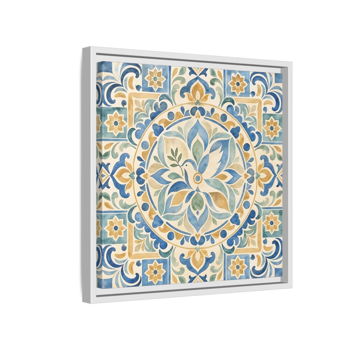 Nature Dove Blue And Gold Framed Canvas Print Wall Art – Mediterranean Living Room, Above Sofa - YesArtYes