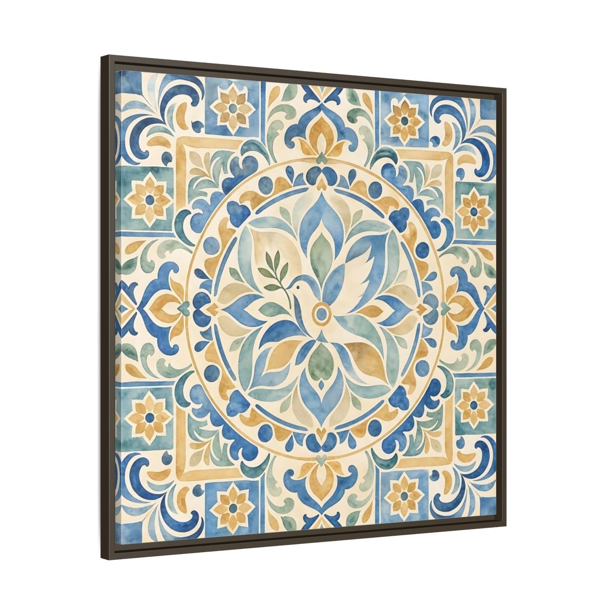 Nature Dove Blue And Gold Framed Canvas Print Wall Art – Mediterranean Living Room, Above Sofa - YesArtYes