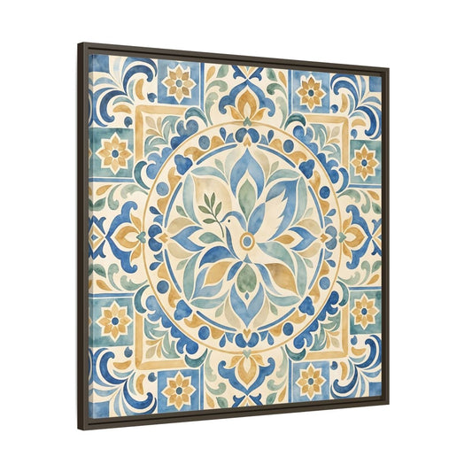 Nature Dove Blue And Gold Framed Canvas Print Wall Art – Mediterranean Living Room, Above Sofa - YesArtYes