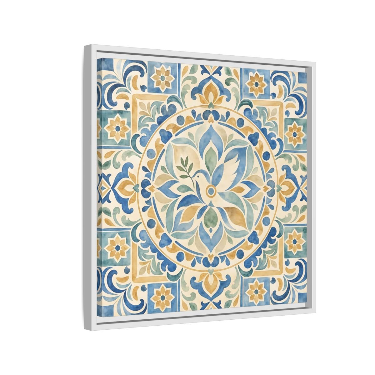 Nature Dove Blue And Gold Framed Canvas Print Wall Art – Mediterranean Living Room, Above Sofa - YesArtYes