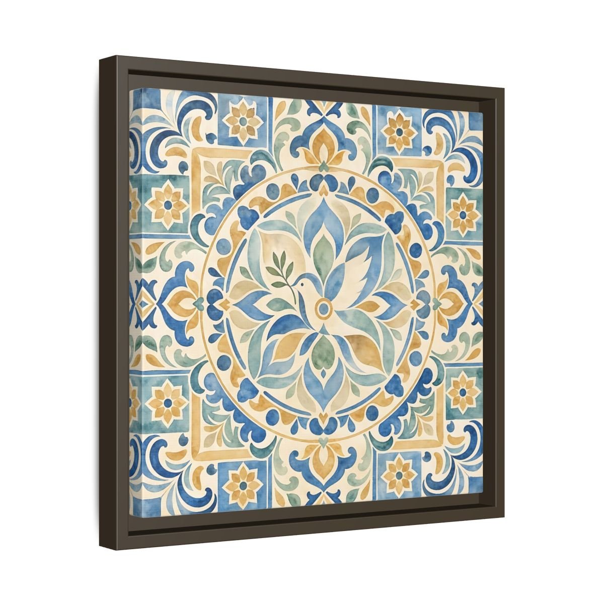 Nature Dove Blue And Gold Framed Canvas Print Wall Art – Mediterranean Living Room, Above Sofa - YesArtYes