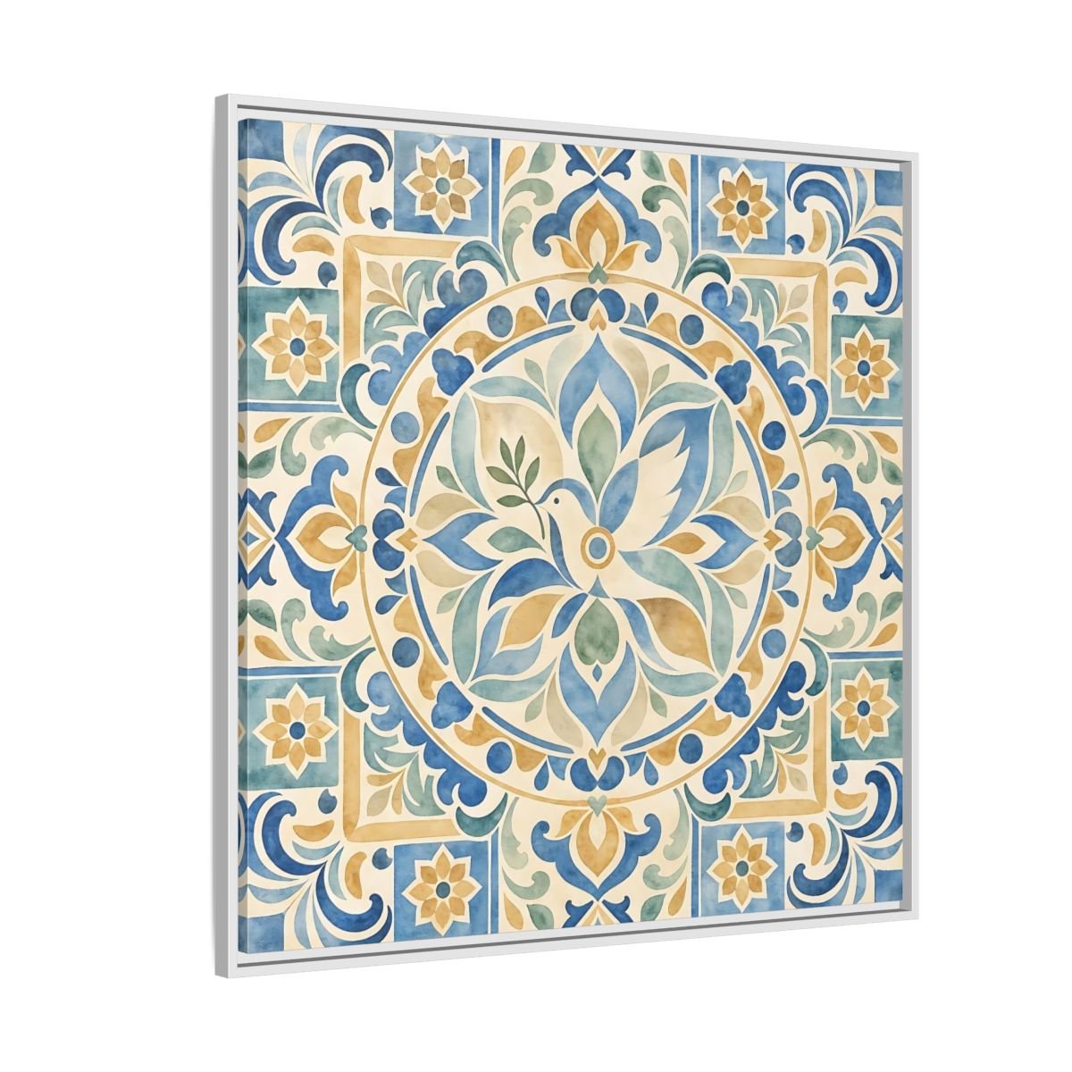 Nature Dove Blue And Gold Framed Canvas Print Wall Art – Mediterranean Living Room, Above Sofa - YesArtYes
