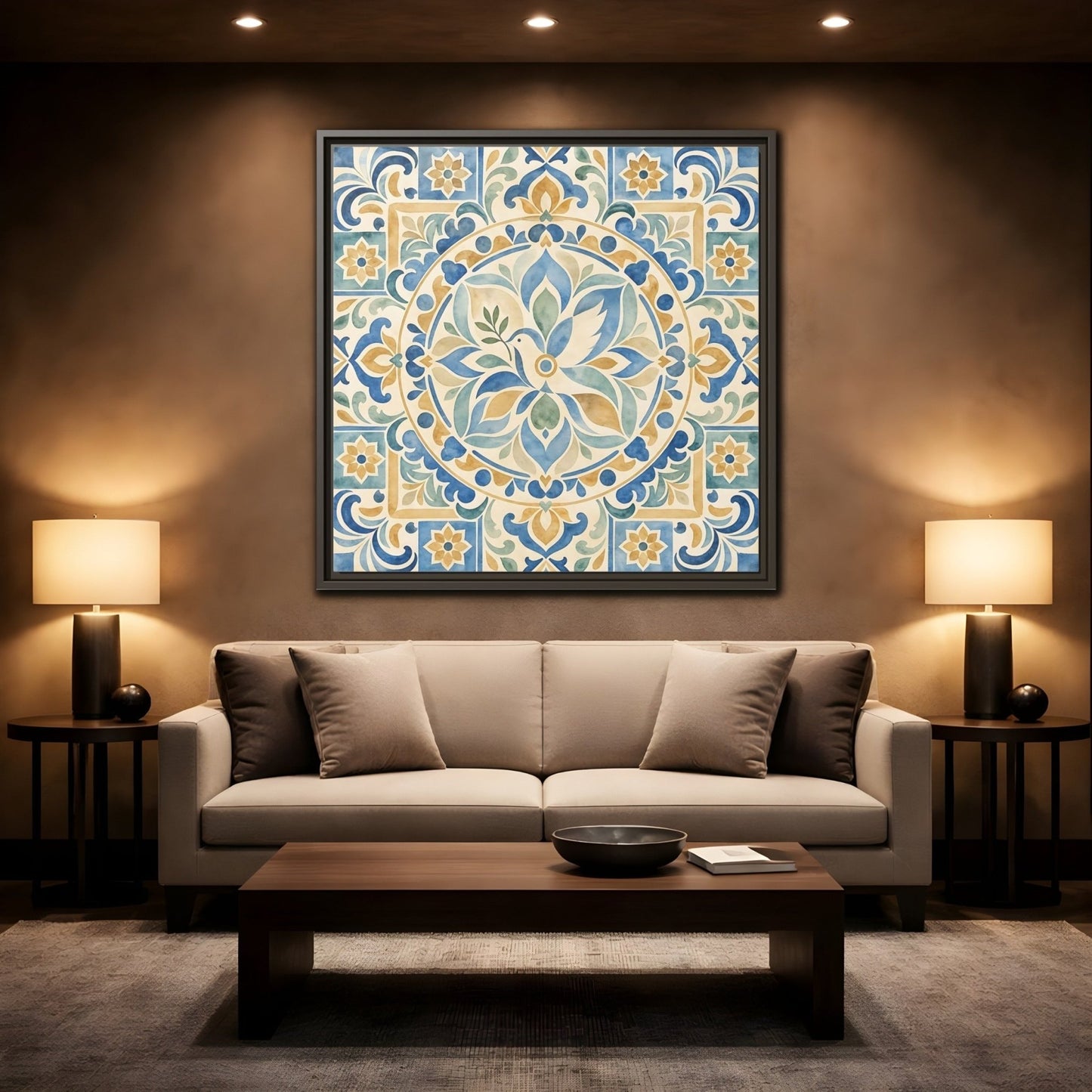 Nature Dove Blue And Gold Framed Canvas Print Wall Art – Mediterranean Living Room, Above Sofa - YesArtYes