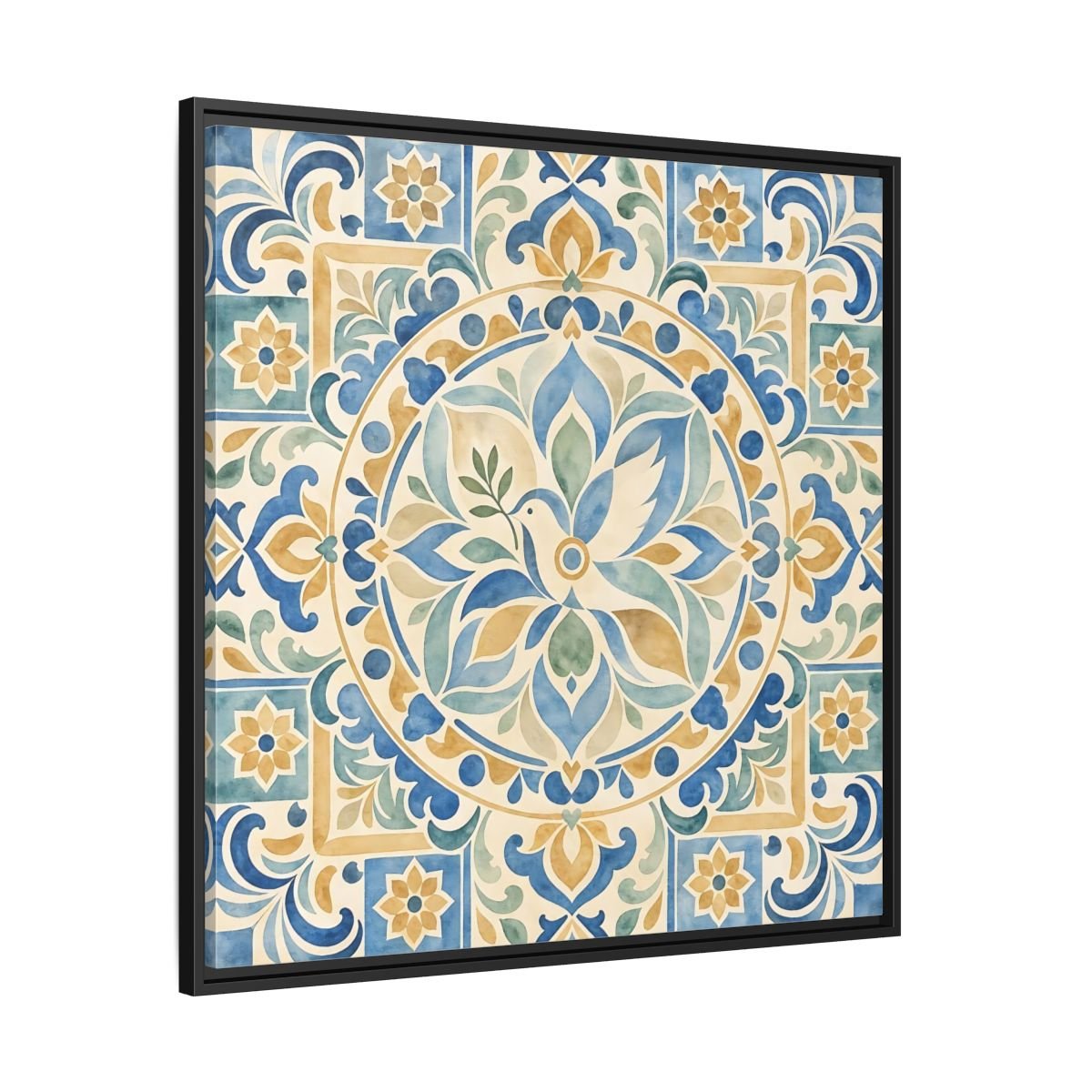 Nature Dove Blue And Gold Framed Canvas Print Wall Art – Mediterranean Living Room, Above Sofa - YesArtYes