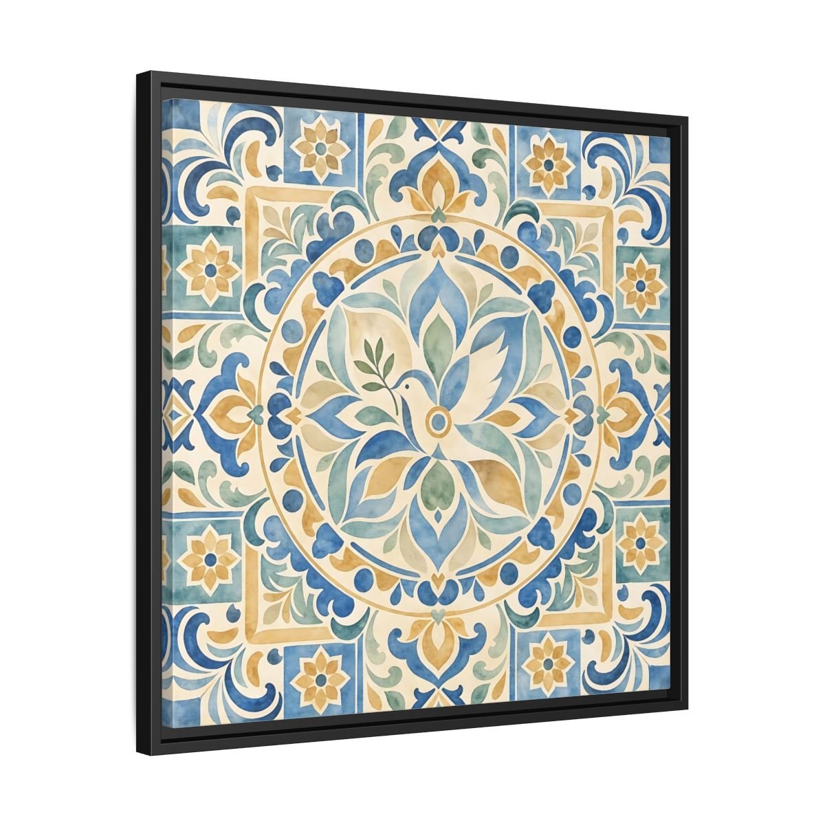 Nature Dove Blue And Gold Framed Canvas Print Wall Art – Mediterranean Living Room, Above Sofa - YesArtYes