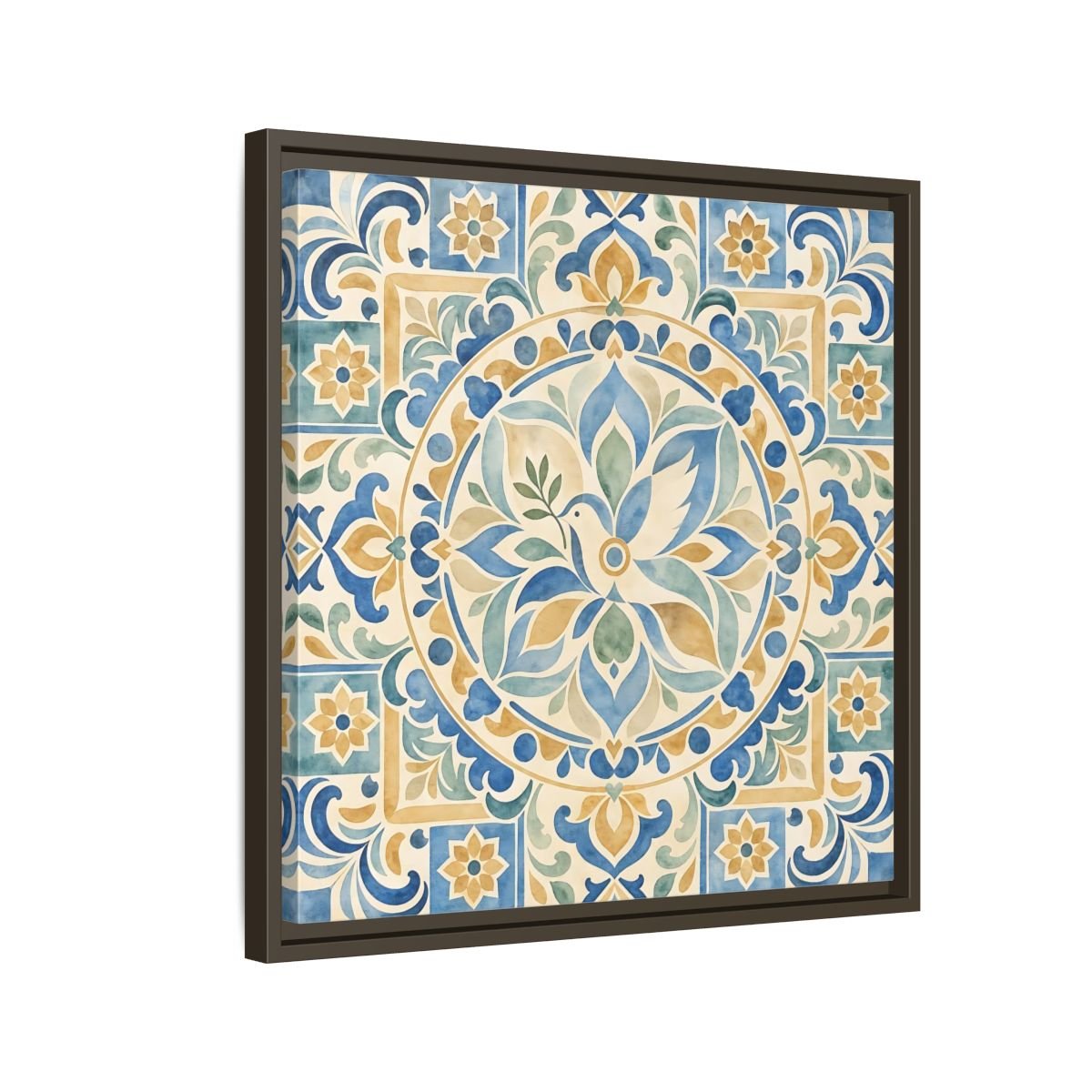 Nature Dove Blue And Gold Framed Canvas Print Wall Art – Mediterranean Living Room, Above Sofa - YesArtYes