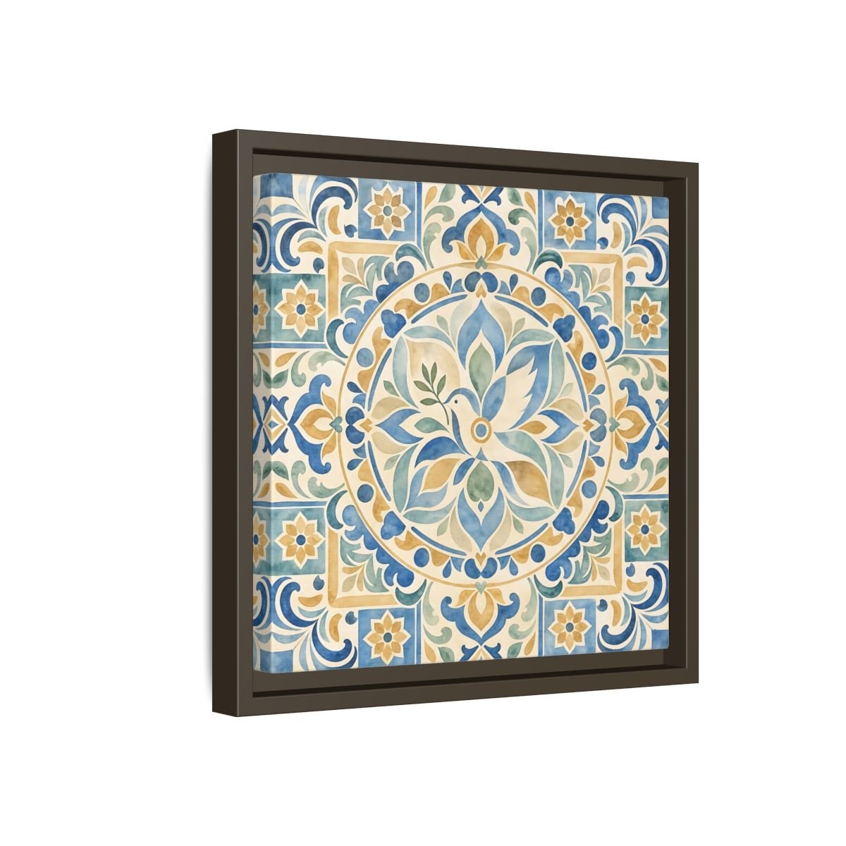 Nature Dove Blue And Gold Framed Canvas Print Wall Art – Mediterranean Living Room, Above Sofa - YesArtYes
