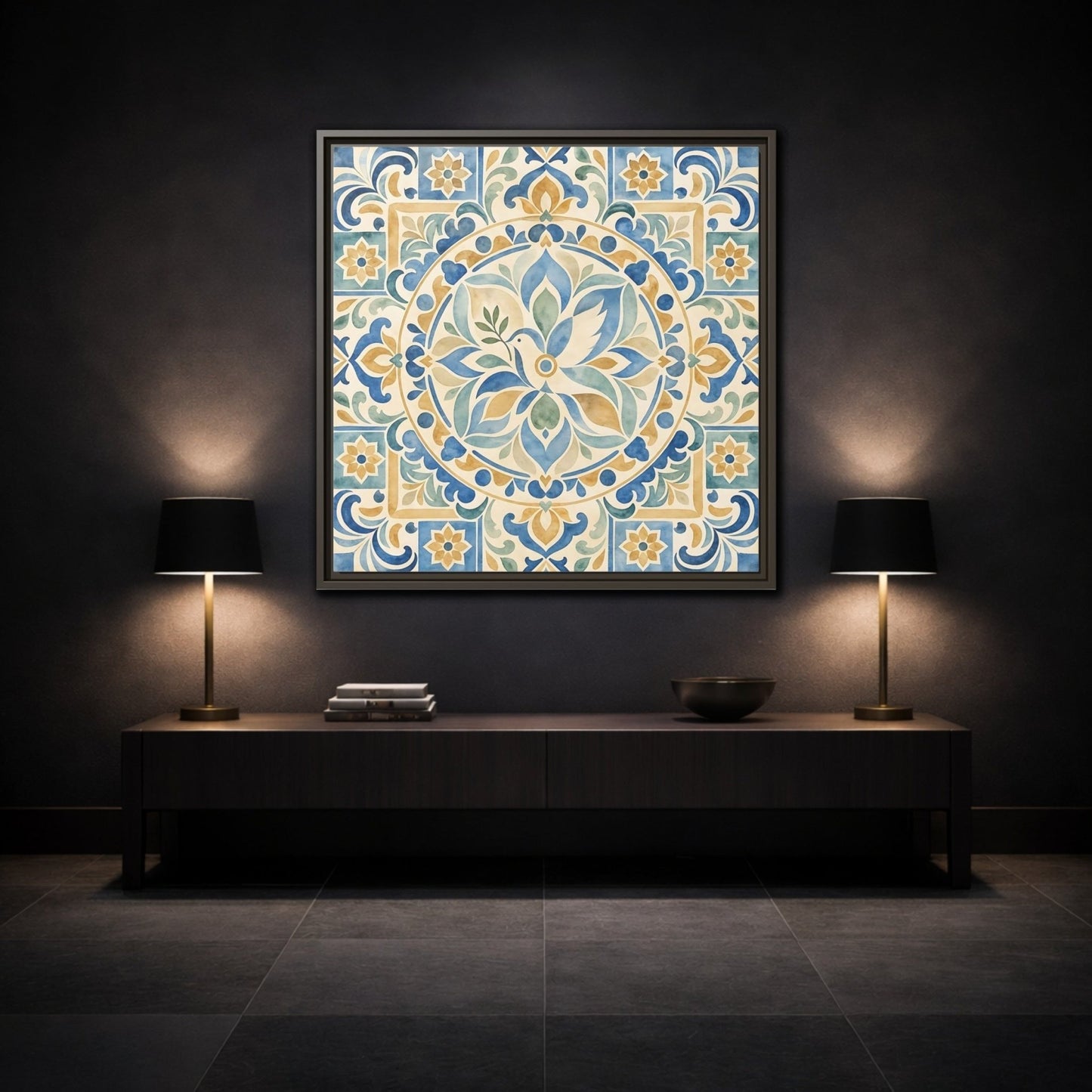 Nature Dove Blue And Gold Framed Canvas Print Wall Art – Mediterranean Living Room, Above Sofa - YesArtYes