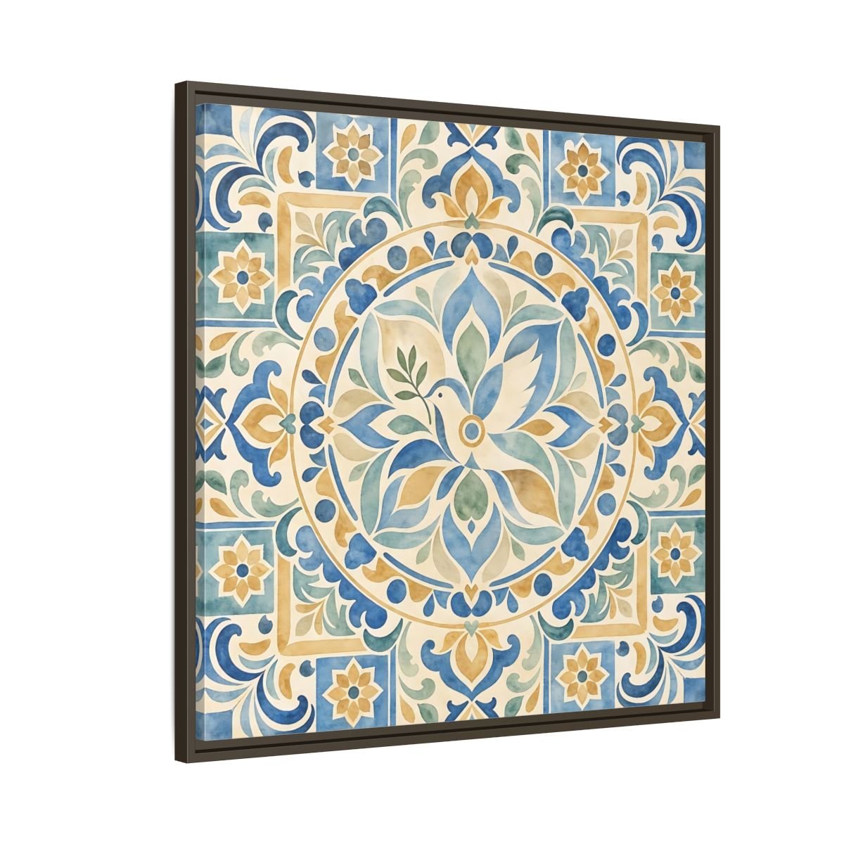 Nature Dove Blue And Gold Framed Canvas Print Wall Art – Mediterranean Living Room, Above Sofa - YesArtYes
